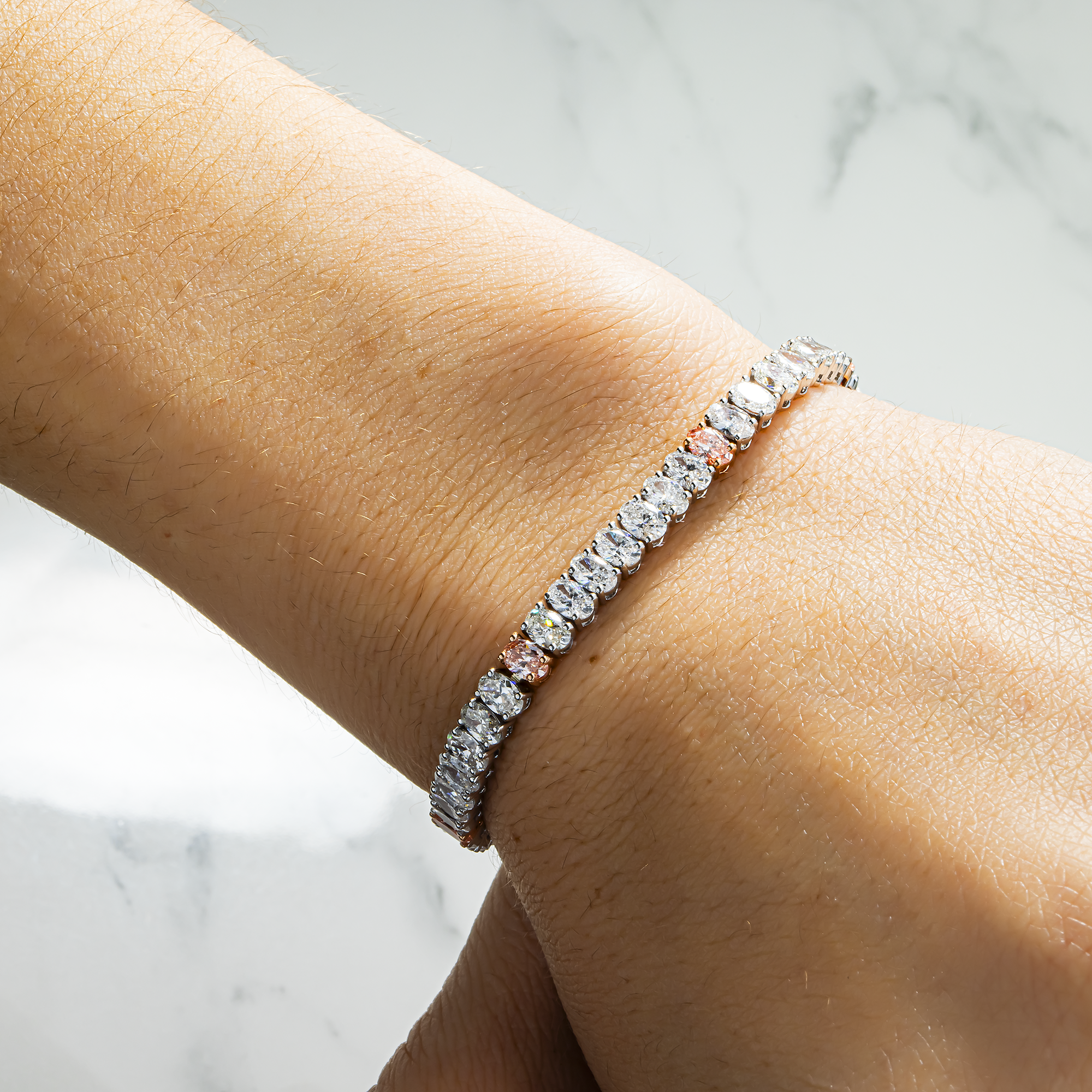 14K Two Tone Oval Cut Fancy Pink & White Diamond Tennis Bracelet 11.27ct