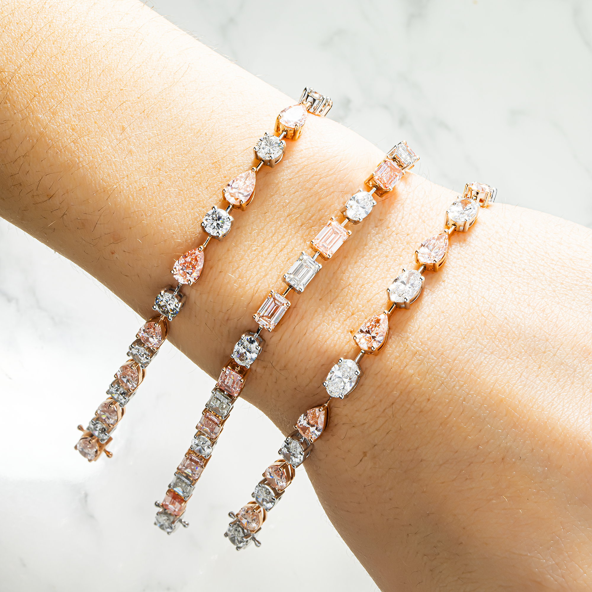 14K Two Tone Multi Cut Fancy Pink & White Diamond Satellite Bracelet 15.38ct