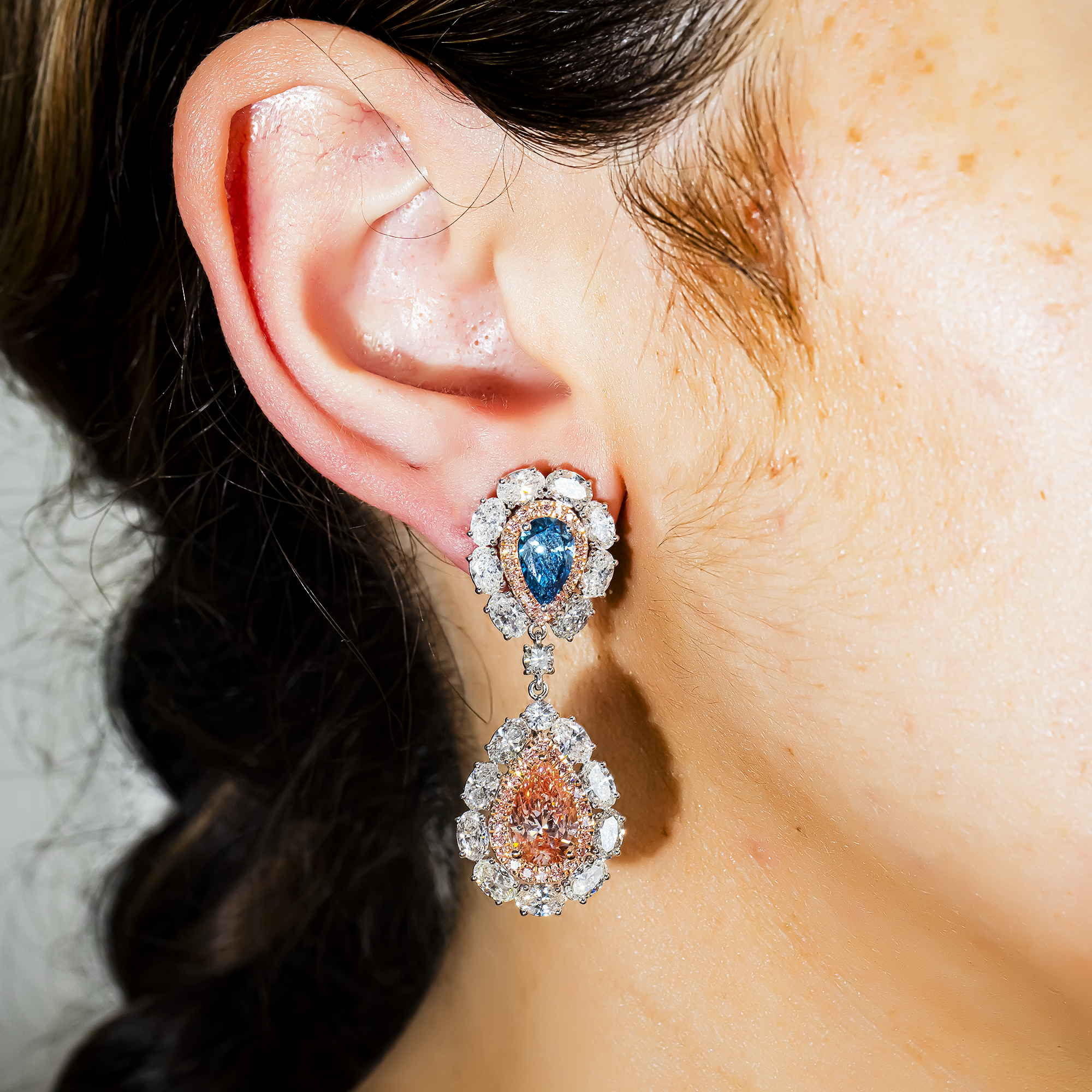 14K White Gold Multi Cut Fancy Pink & Blue Diamond Drop Earrings 14.02ctw