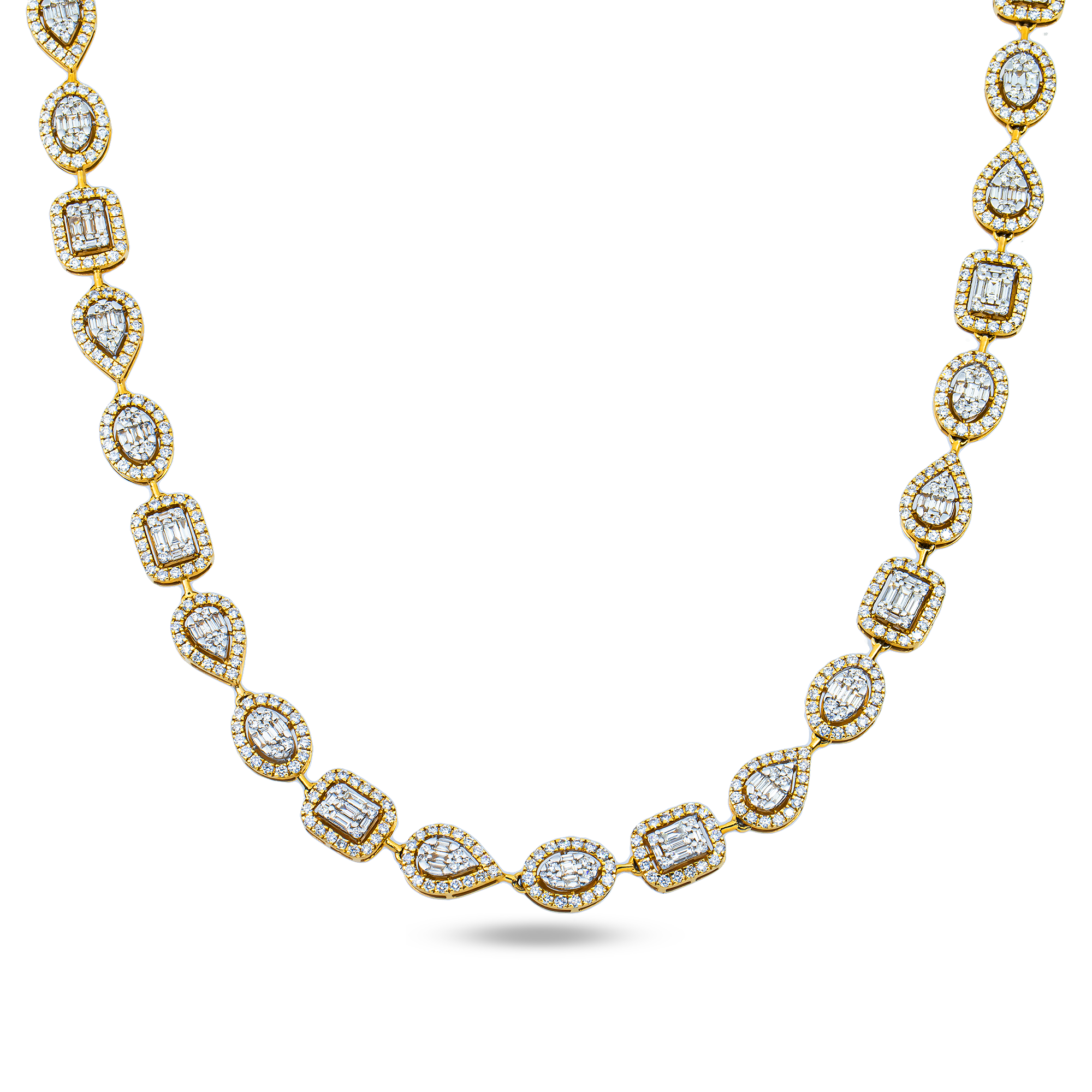 14K Yellow Gold Round & Baguette Cut Diamond Satellite Necklace 12.38ct