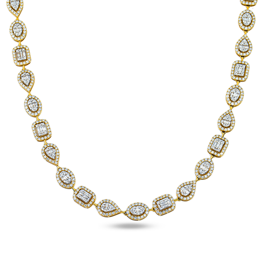 14K Yellow Gold Round & Baguette Cut Diamond Satellite Necklace 12.38ct