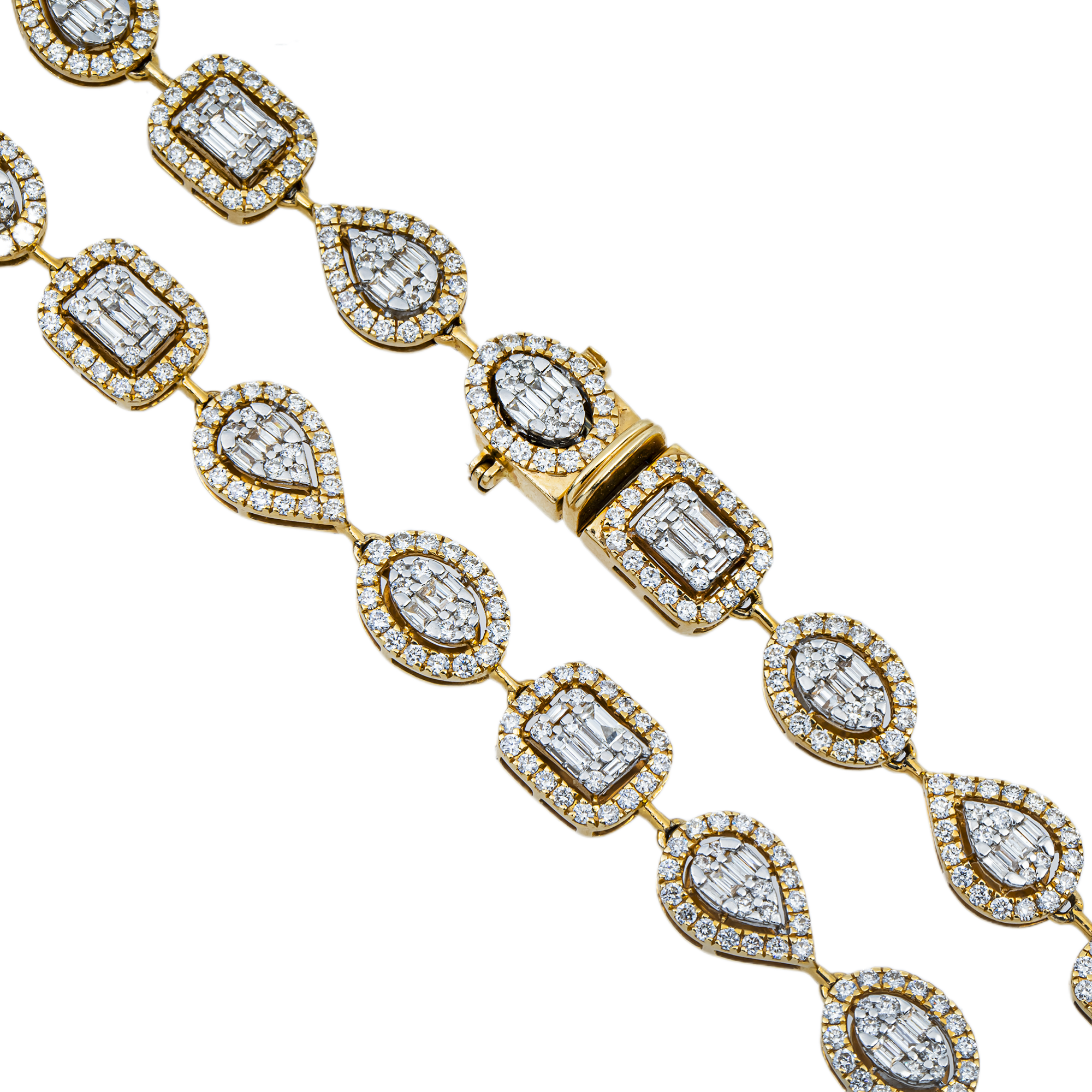 14K Yellow Gold Round & Baguette Cut Diamond Satellite Necklace 12.38ct