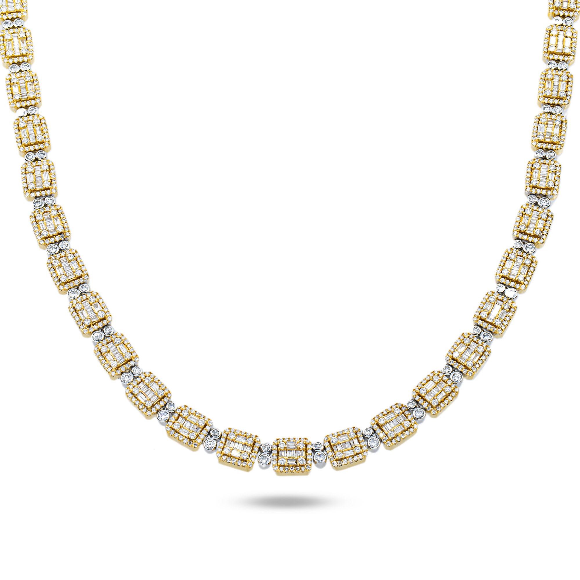 14K Two Tone Round & Baguette Cut Diamond Chain 14.62ct