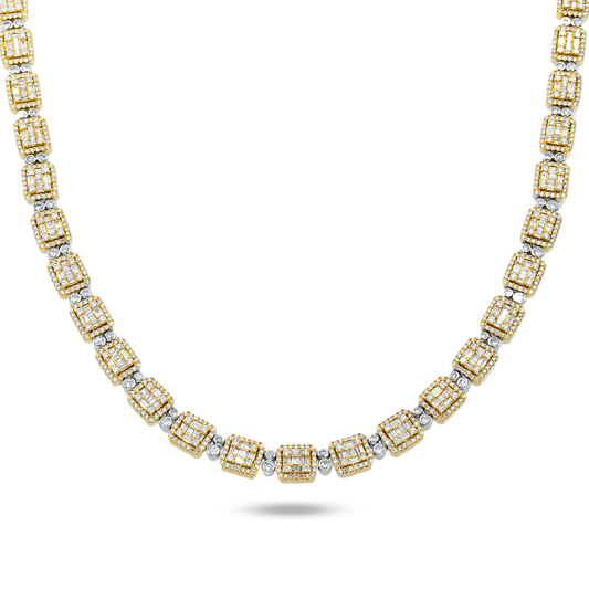 14K Two Tone Round & Baguette Cut Diamond Chain 14.62ct