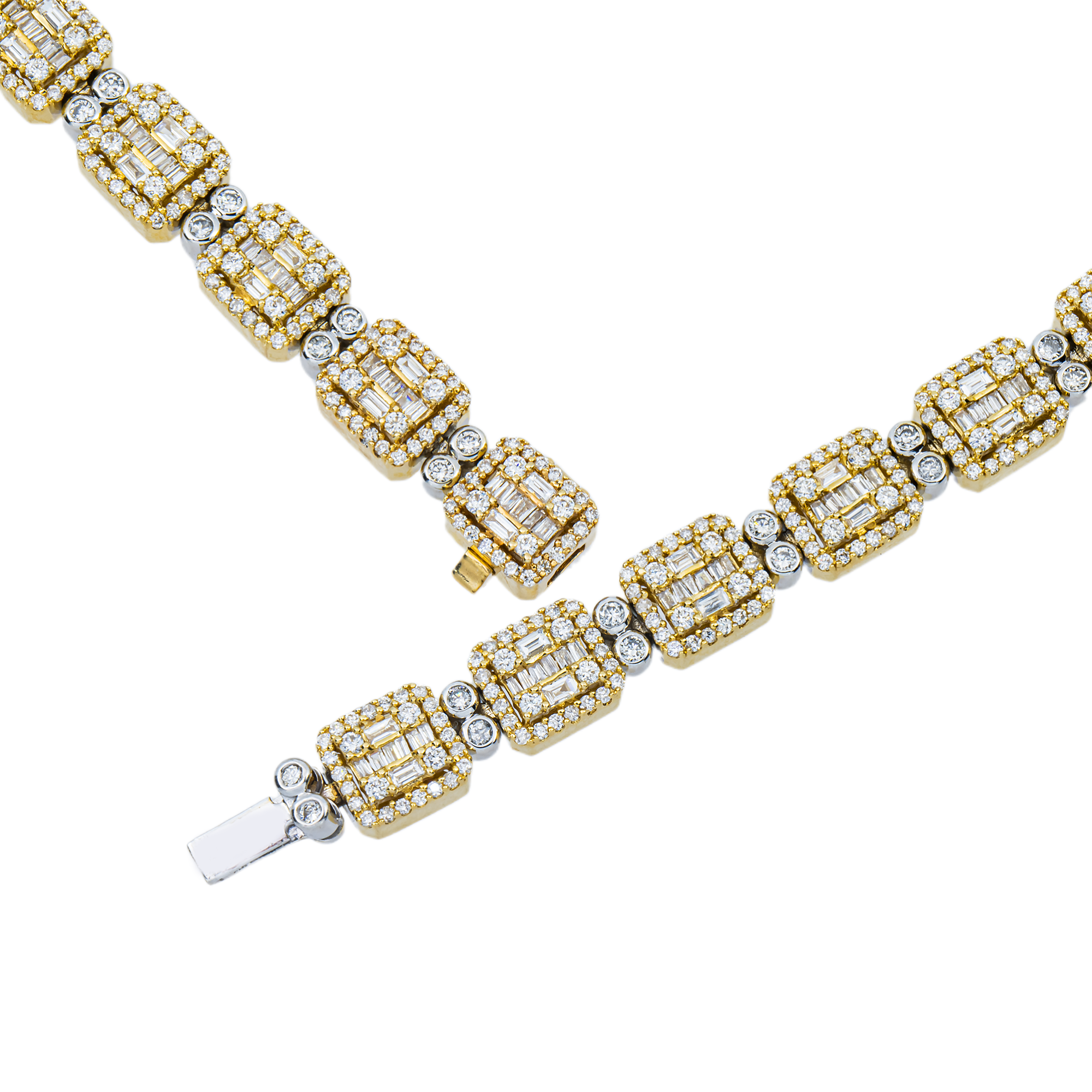 14K Two Tone Round & Baguette Cut Diamond Chain 14.62ct