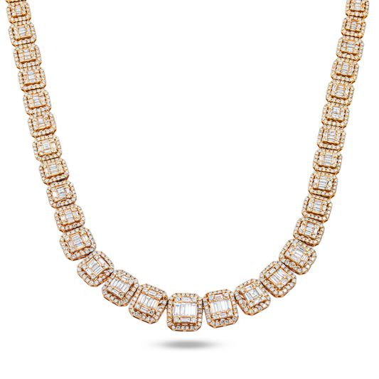 14K Rose Gold Graduated Round & Baguette Cut Diamond Tennis Chain 23.96ct