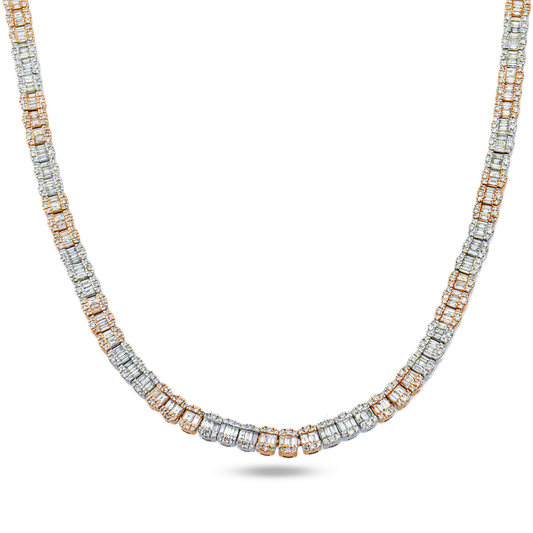 14K Two Tone Round & Baguette Cut Diamond Tennis Chain 19.83ct