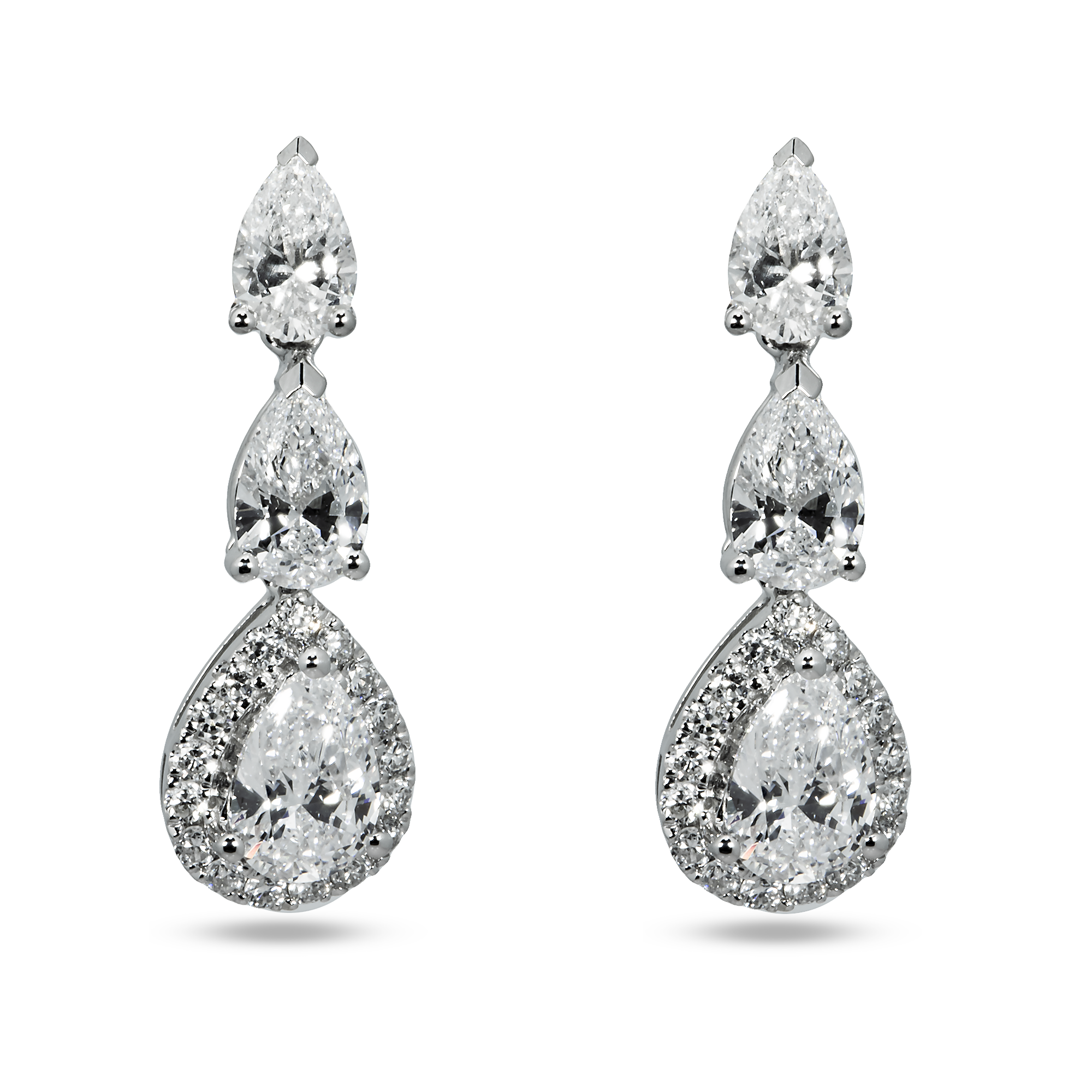 White Gold Pear Cut Diamond Triple Tier Drop Earrings 2.74ctw