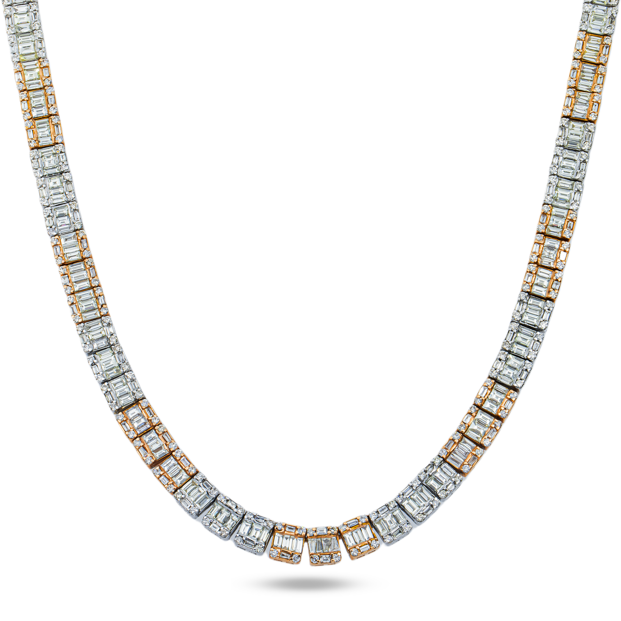 14K Two Tone Round & Baguette Cut Diamond Tennis Chain 29.52ct