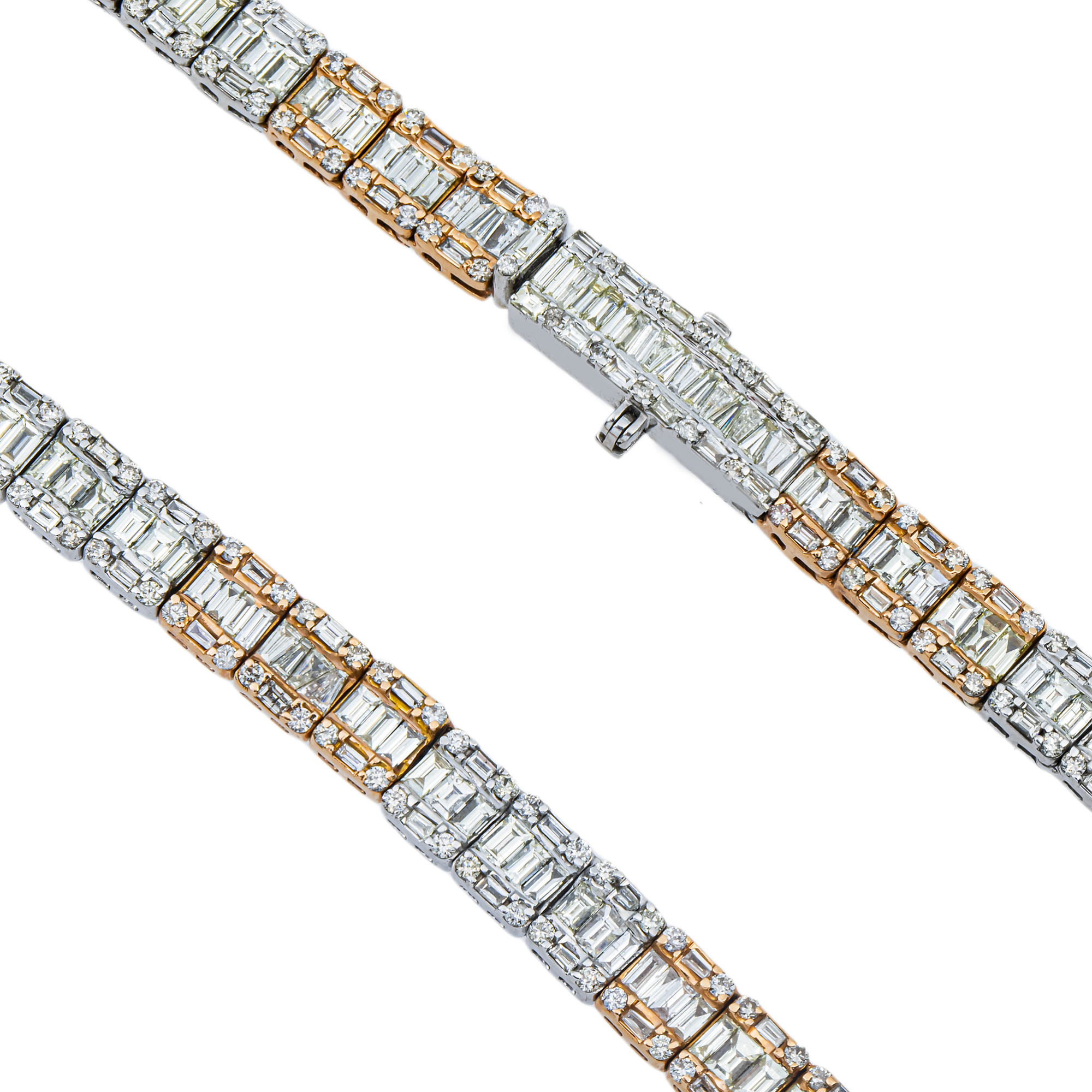 14K Two Tone Round & Baguette Cut Diamond Tennis Chain 29.52ct
