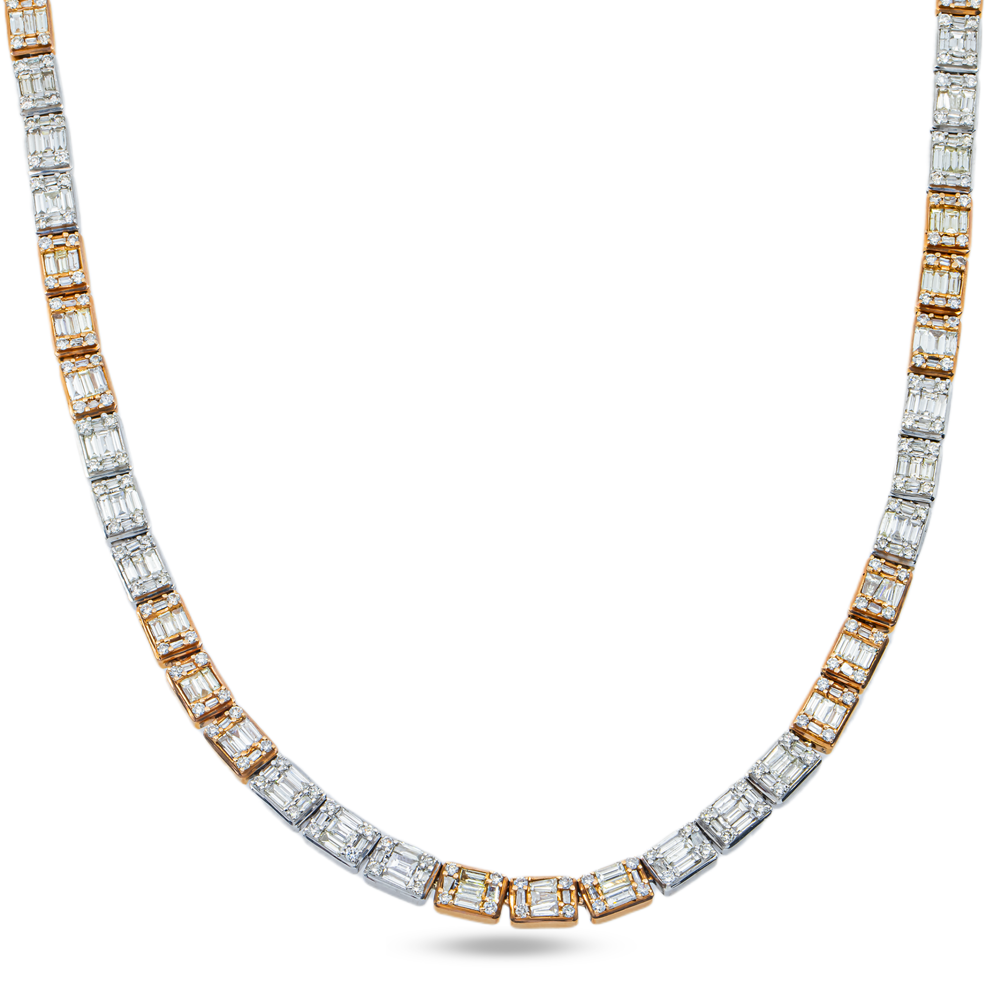 14K Two Tone Round & Baguette Cut Diamond Tennis Chain 17.85ct