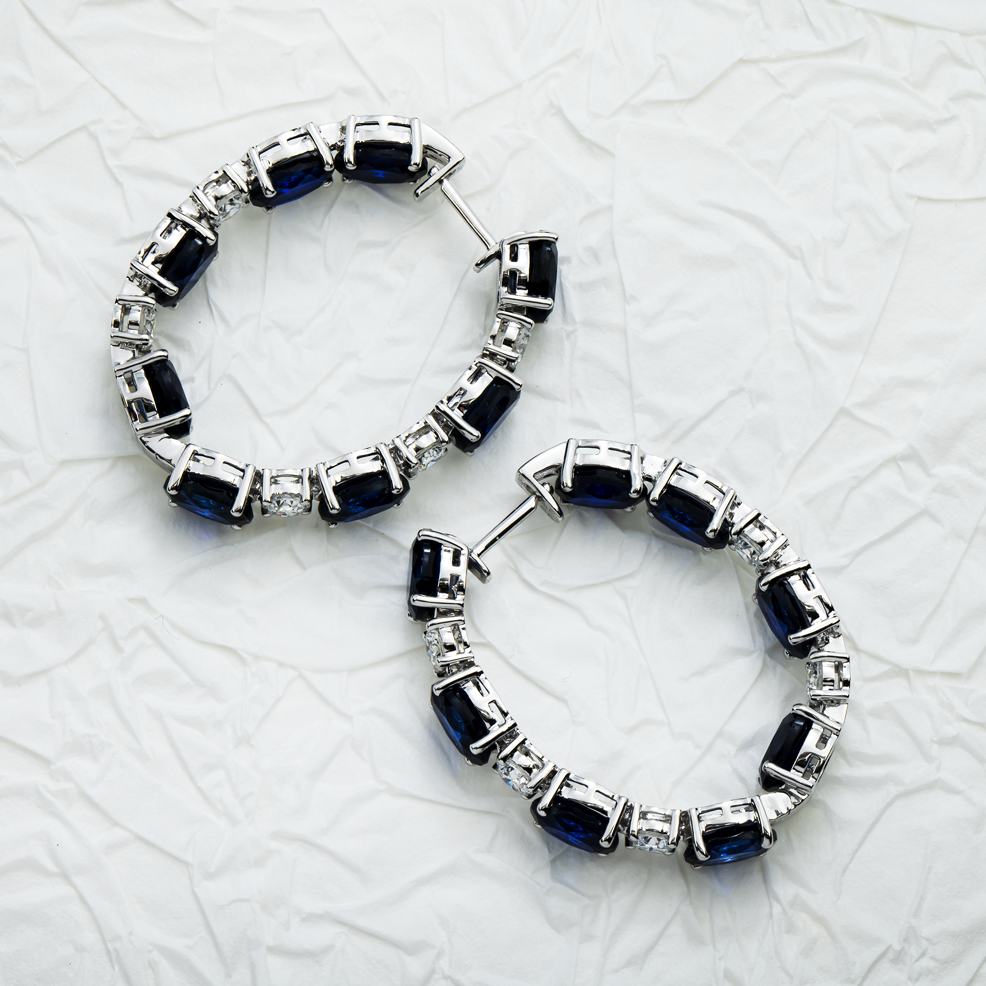 White Gold Oval Cut Sapphire & Round Cut Diamond Hoop Earrings 20.59ctw