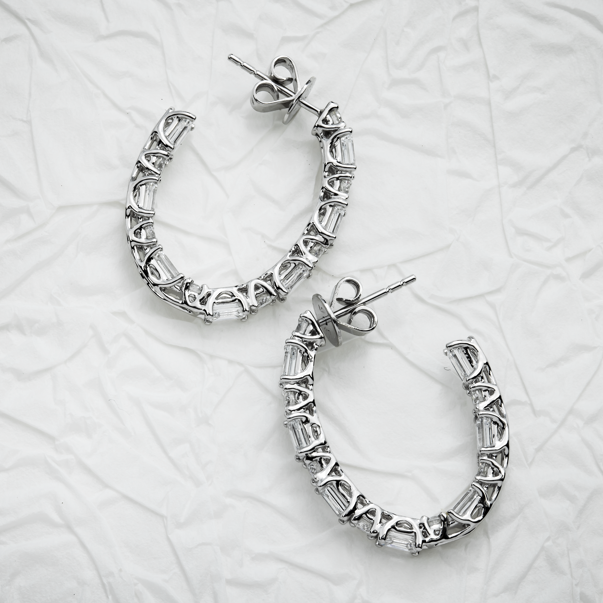 White Gold Round & Emerald Cut Diamond Inside Out Hoop Earrings 3.76ctw
