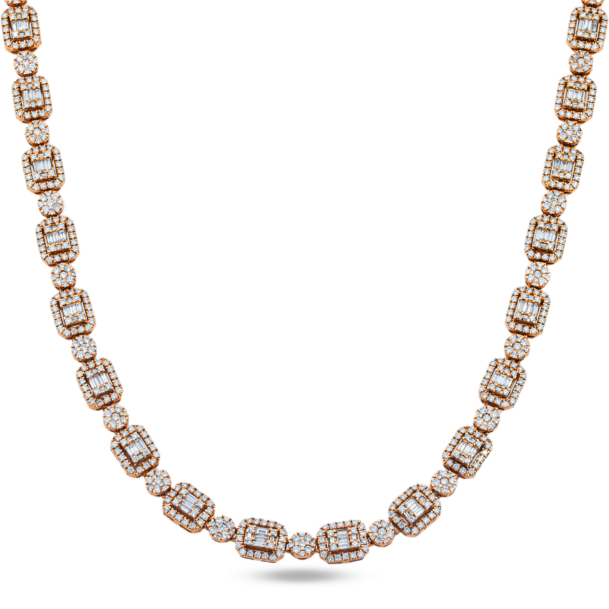 14K Rose Gold Round & Baguette Cut Diamond Tennis Chain 14.99ct