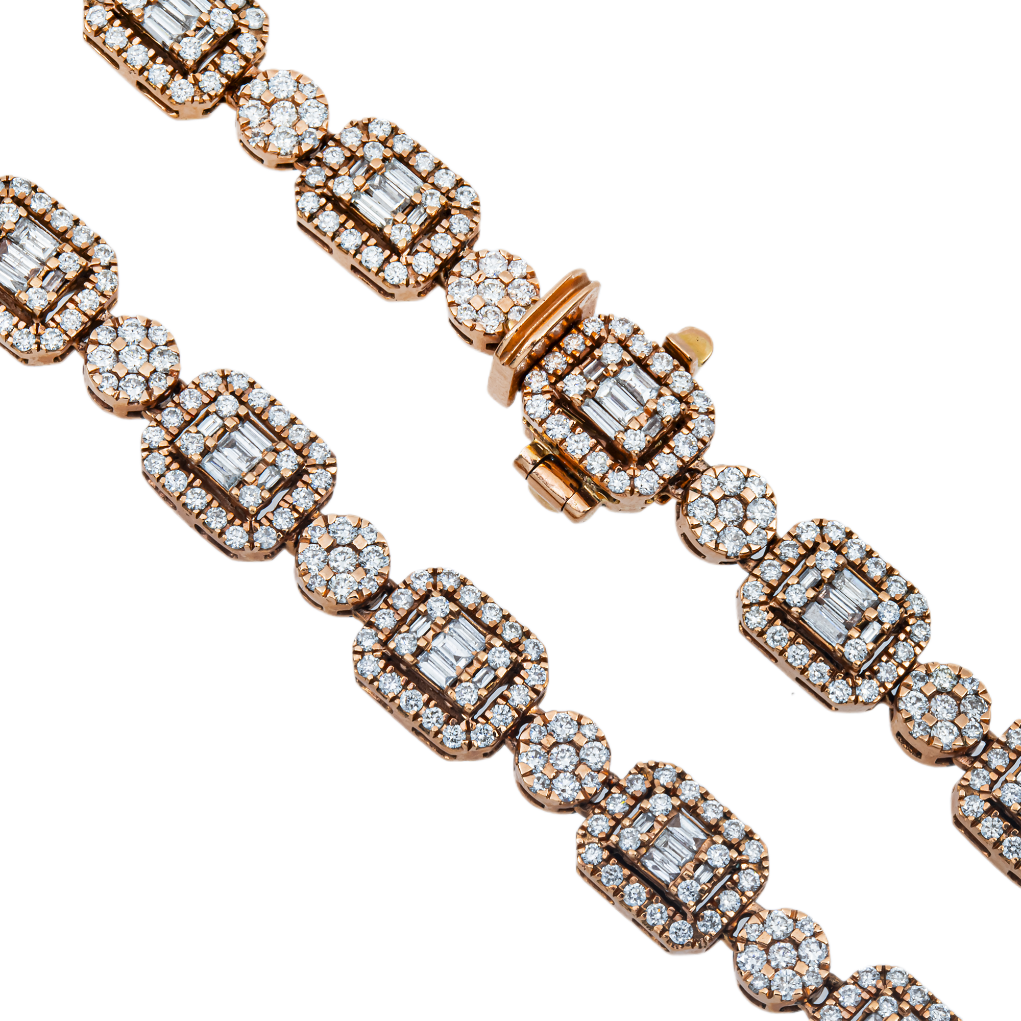 14K Rose Gold Round & Baguette Cut Diamond Tennis Chain 14.99ct