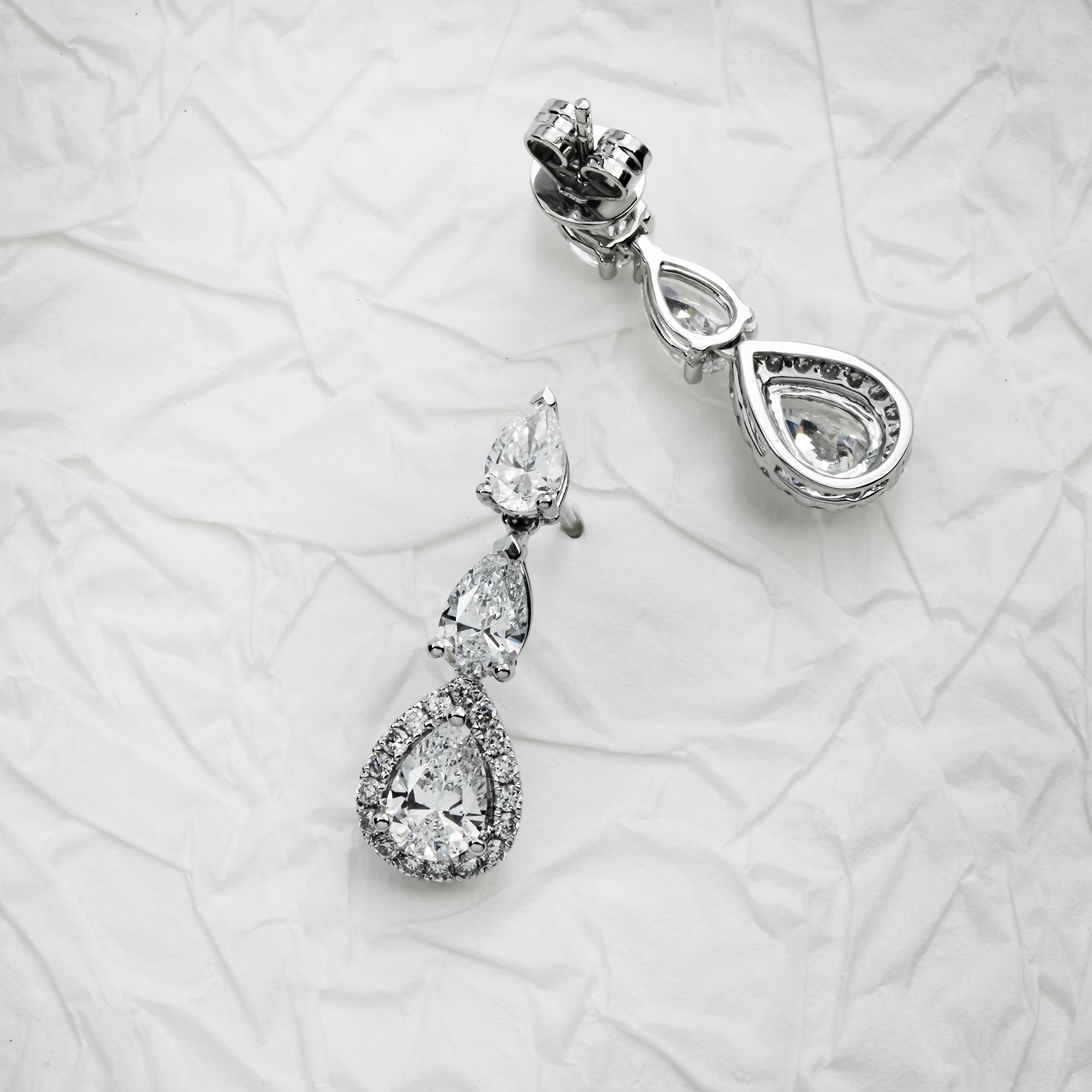 White Gold Pear Cut Diamond Triple Tier Drop Earrings 2.74ctw