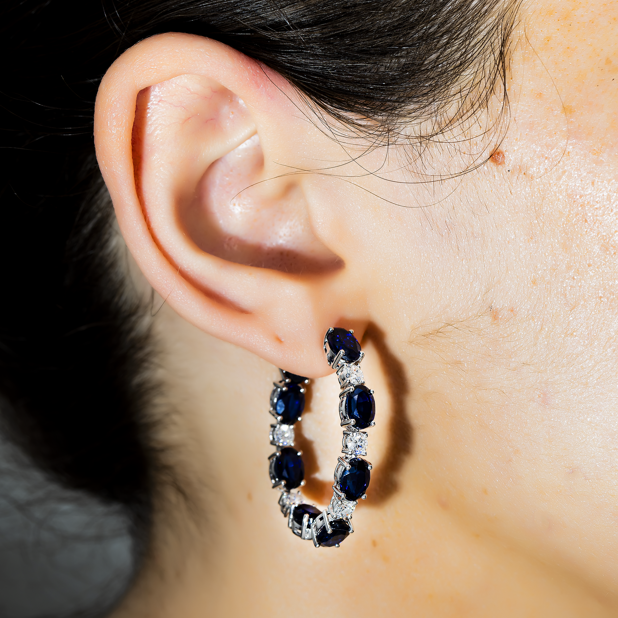 White Gold Oval Cut Sapphire & Round Cut Diamond Hoop Earrings 20.59ctw
