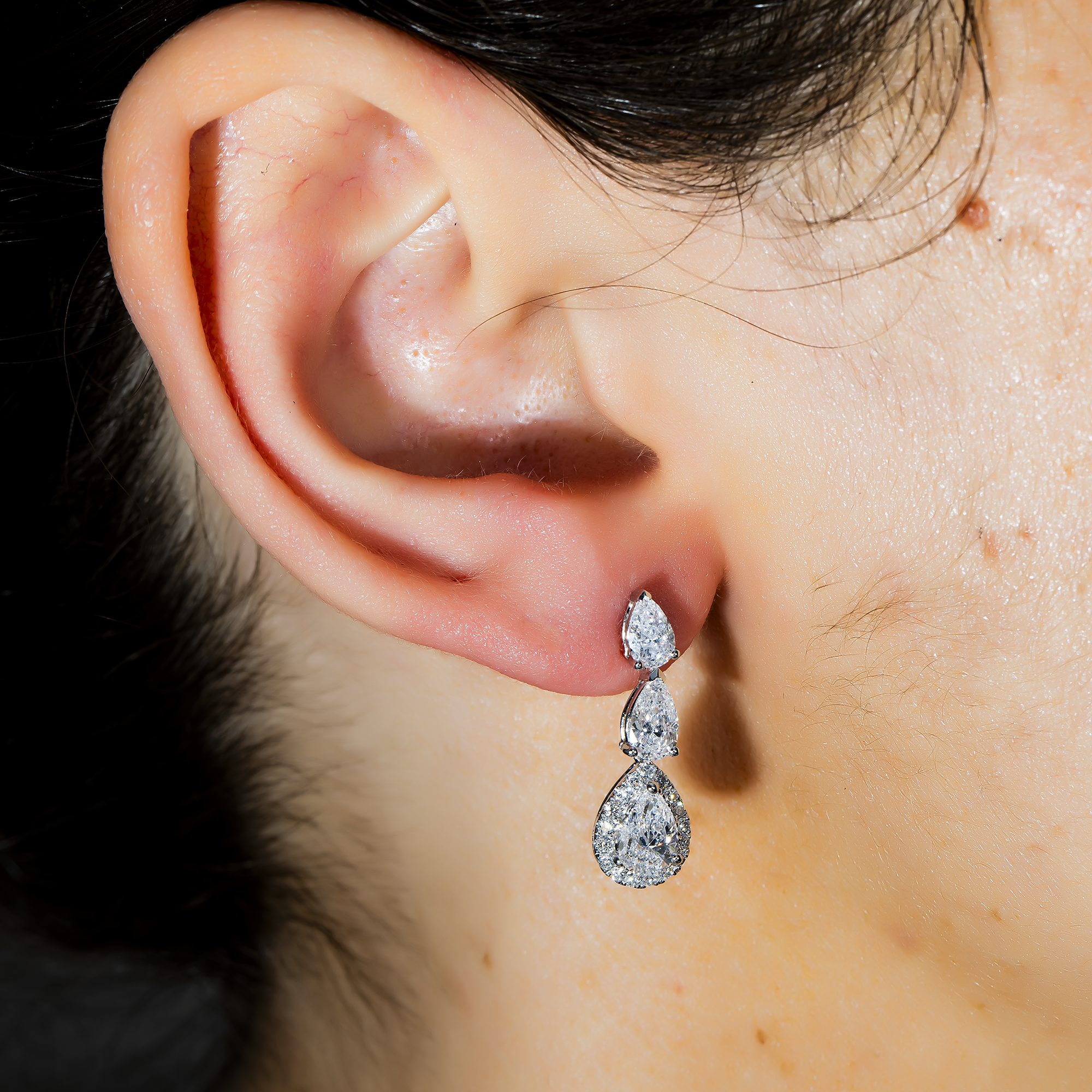 White Gold Pear Cut Diamond Triple Tier Drop Earrings 2.74ctw