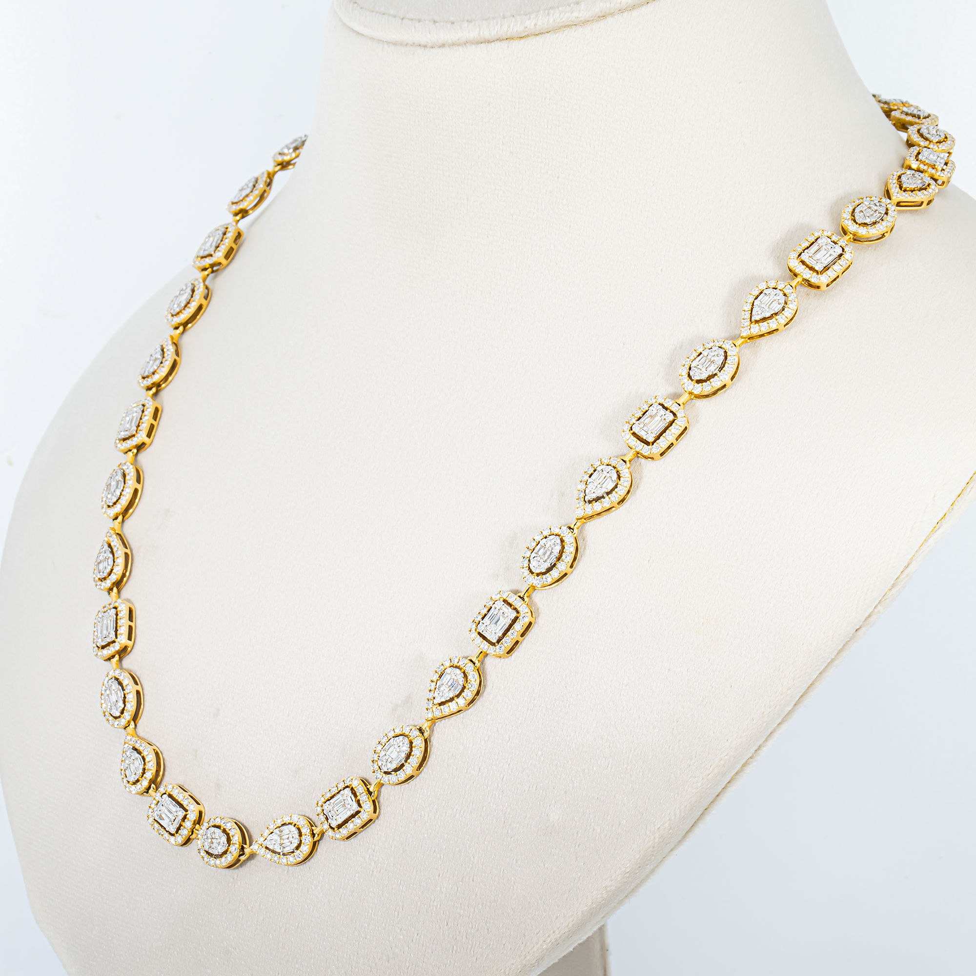 14K Yellow Gold Round & Baguette Cut Diamond Satellite Necklace 12.38ct