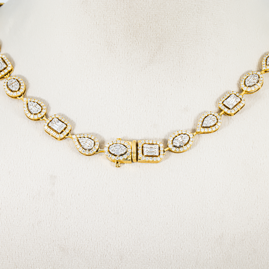 14K Yellow Gold Round & Baguette Cut Diamond Satellite Necklace 12.38ct