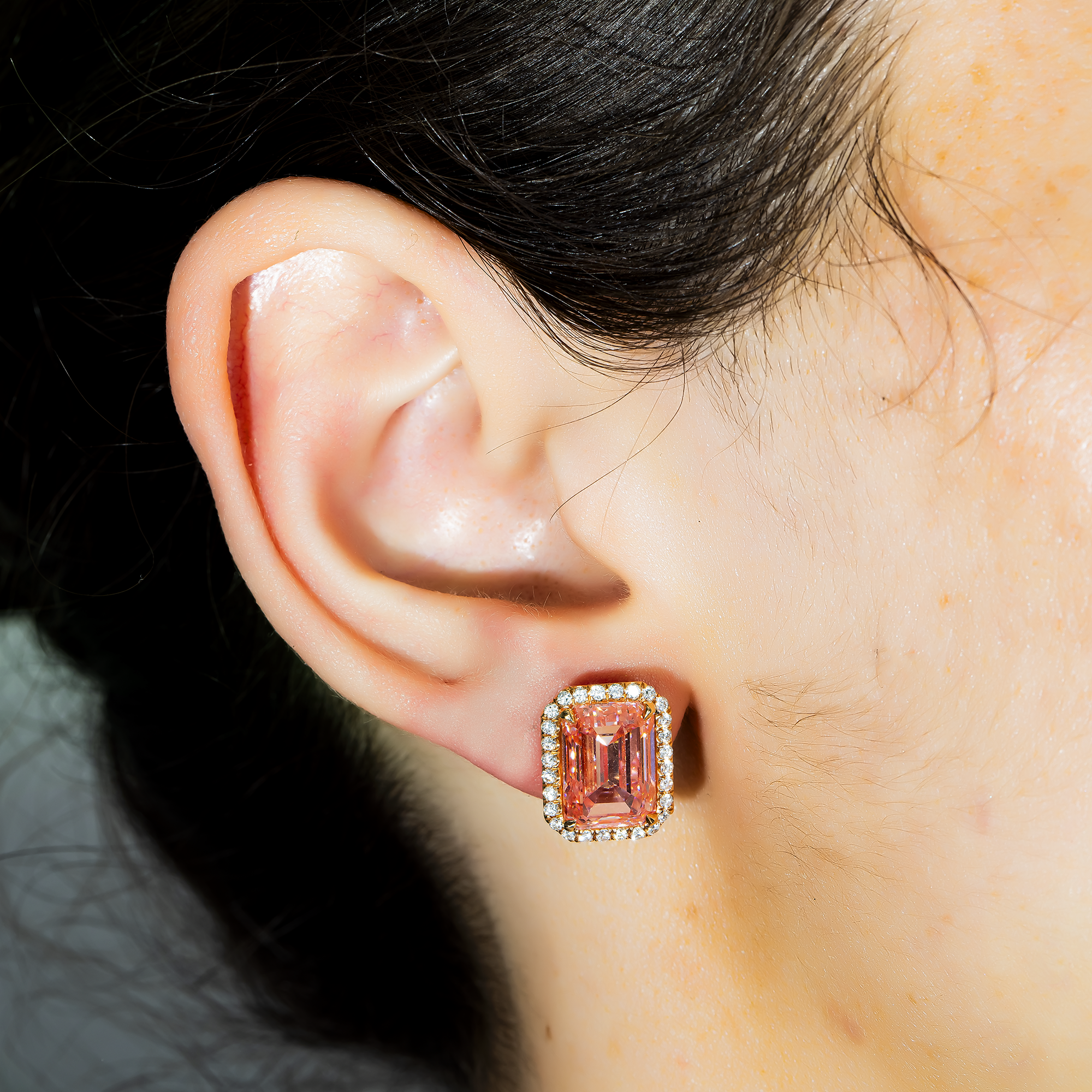 GIA 18K Rose Gold Emerald Cut Fancy Vivid Pink Diamond Stud Earrings 12.10ctw