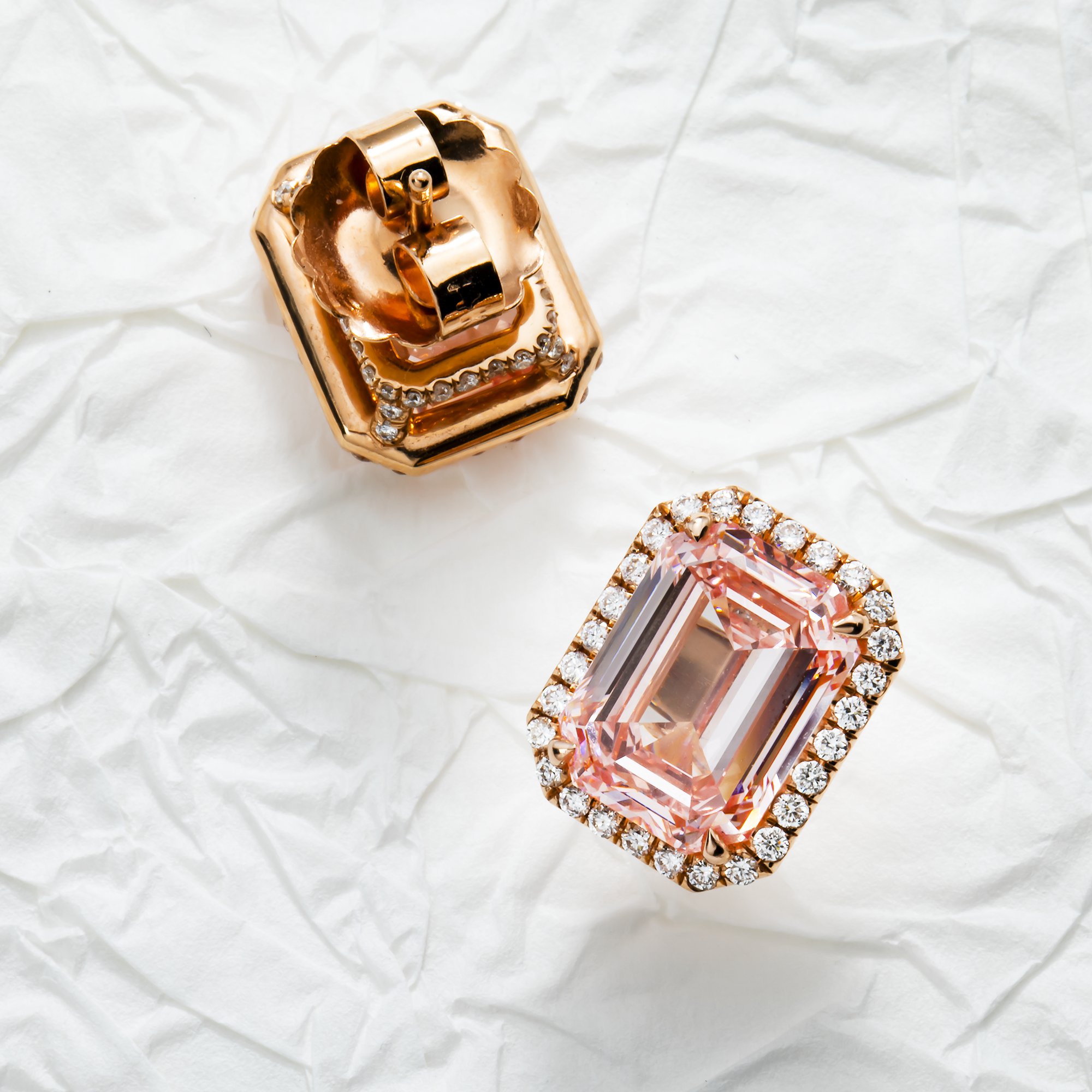 GIA 18K Rose Gold Emerald Cut Fancy Vivid Pink Diamond Stud Earrings 12.10ctw