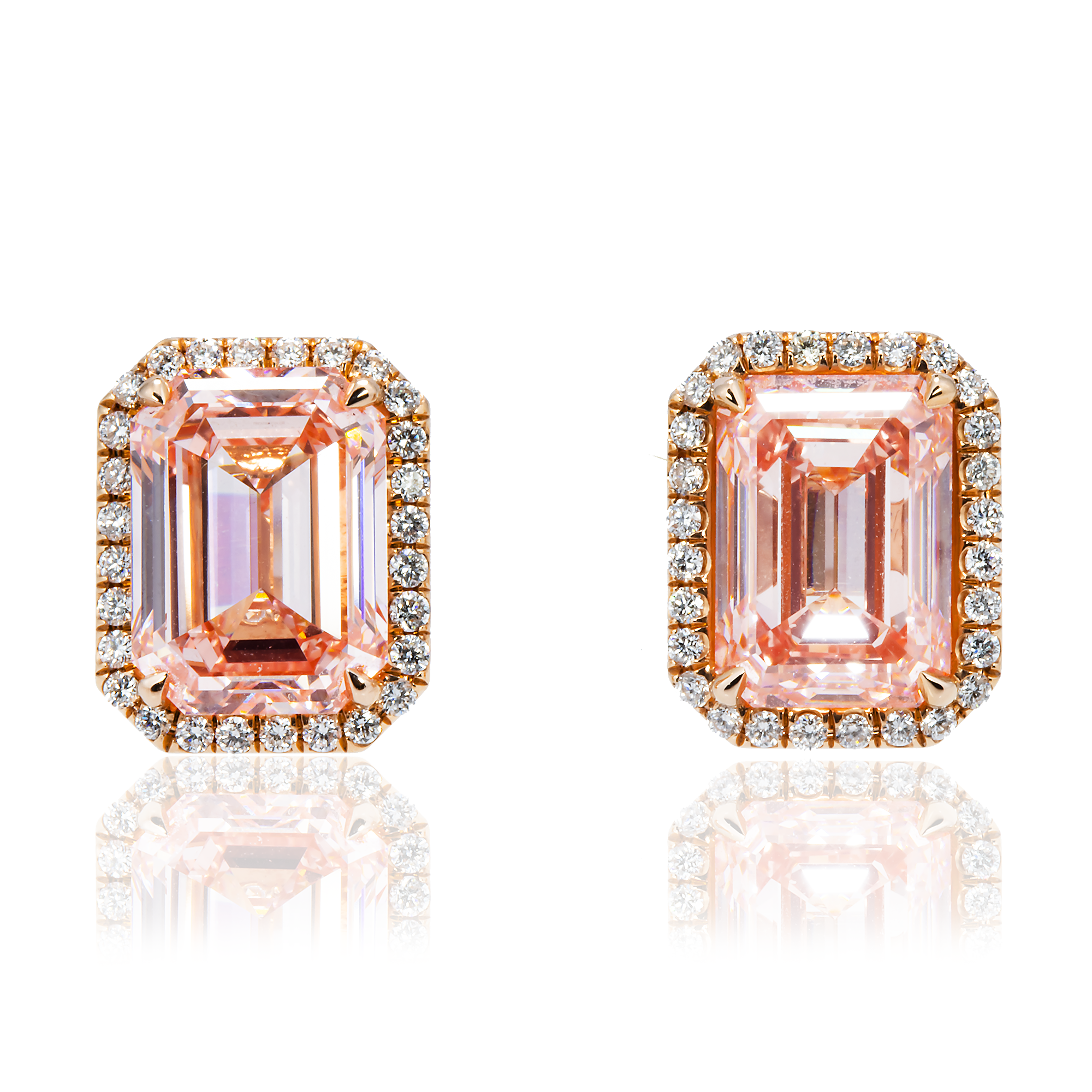 GIA 18K Rose Gold Emerald Cut Fancy Vivid Pink Diamond Stud Earrings 12.10ctw