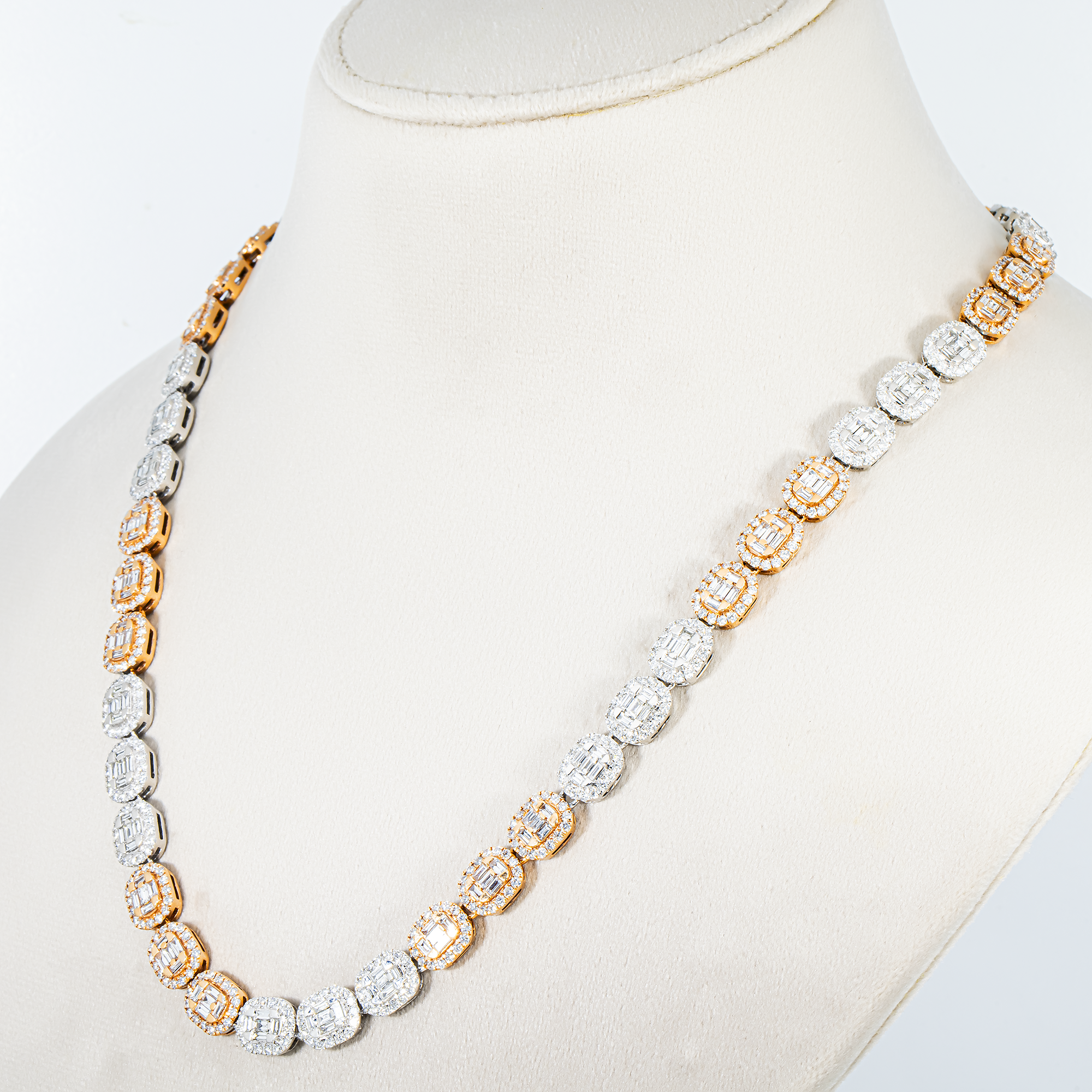14K Two Tone Round & Baguette Cut Diamond Chain 23.74ct