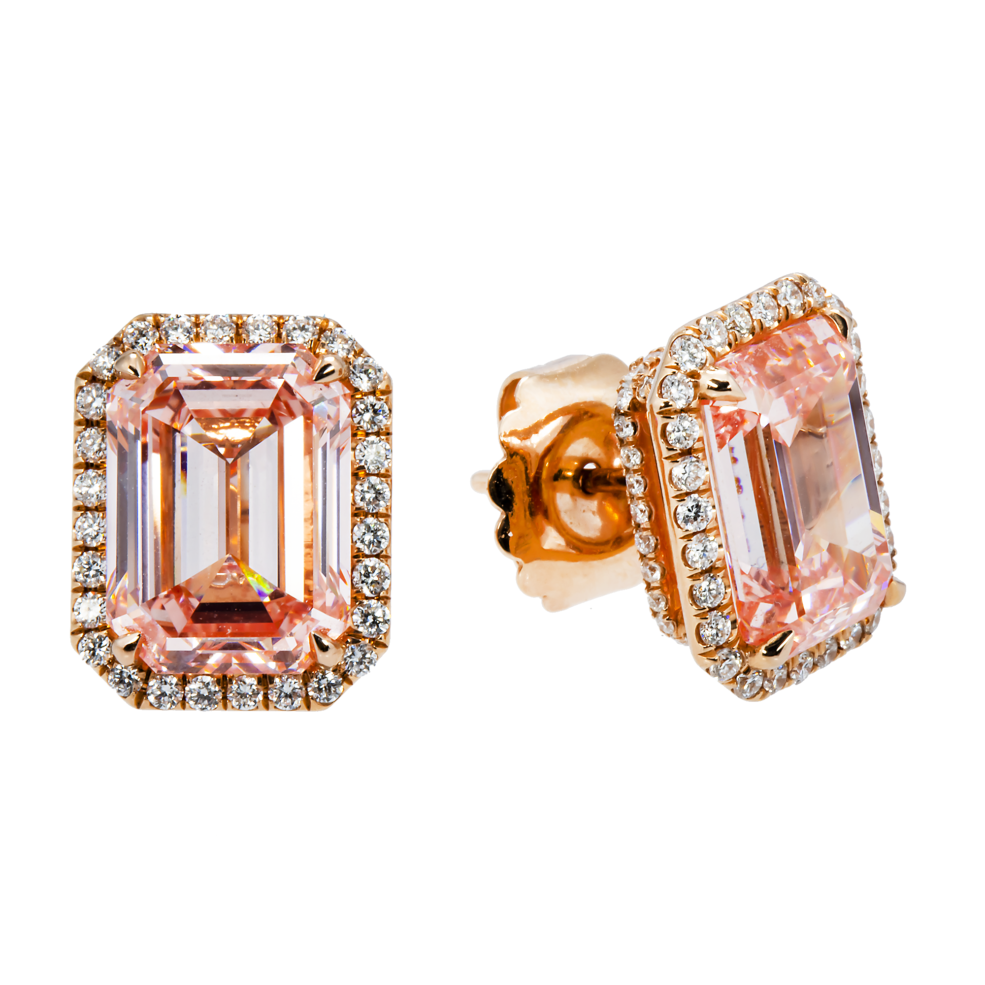 GIA 18K Rose Gold Emerald Cut Fancy Vivid Pink Diamond Stud Earrings 12.10ctw