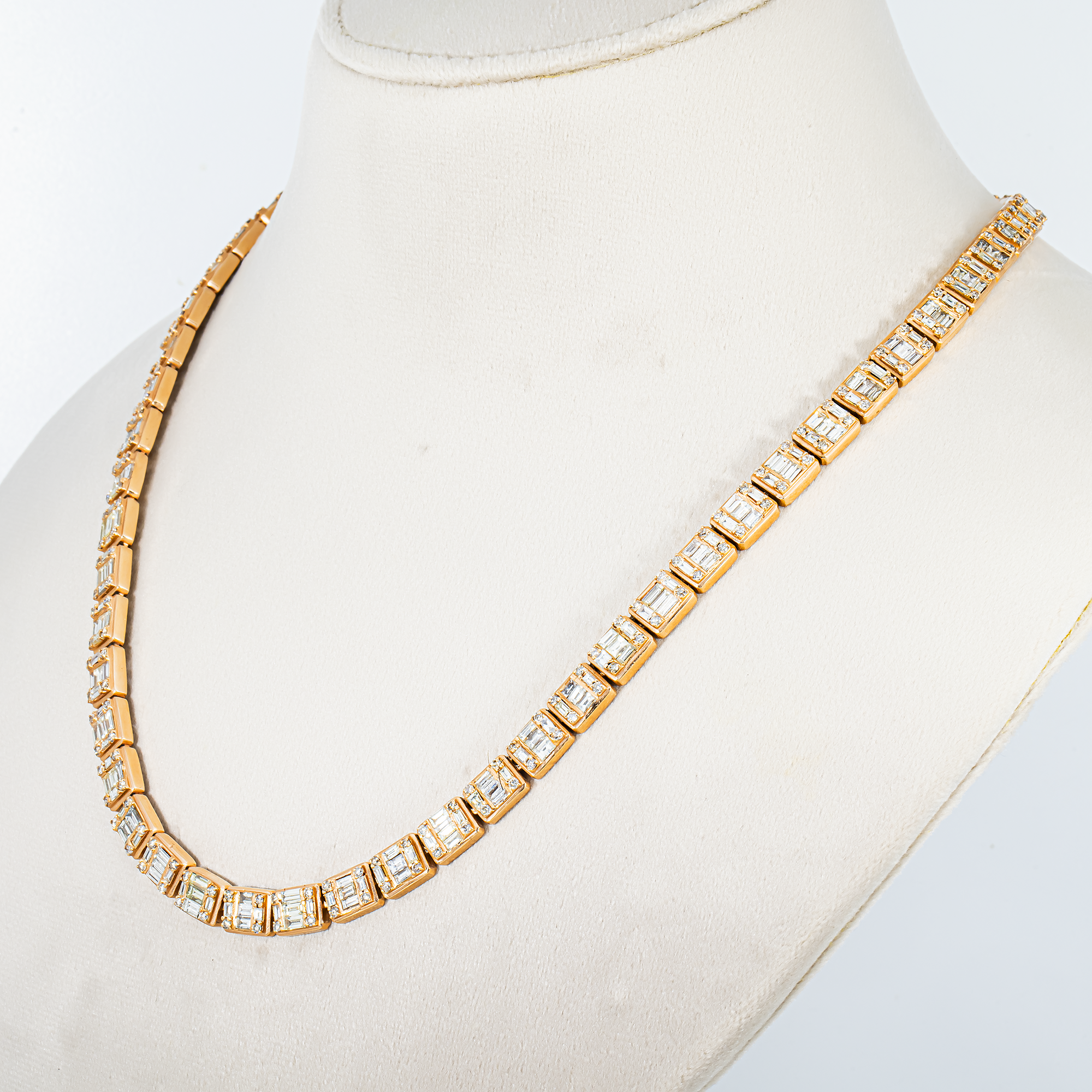 14K Rose Gold Round & Baguette Cut Diamond Chain 20.08ct