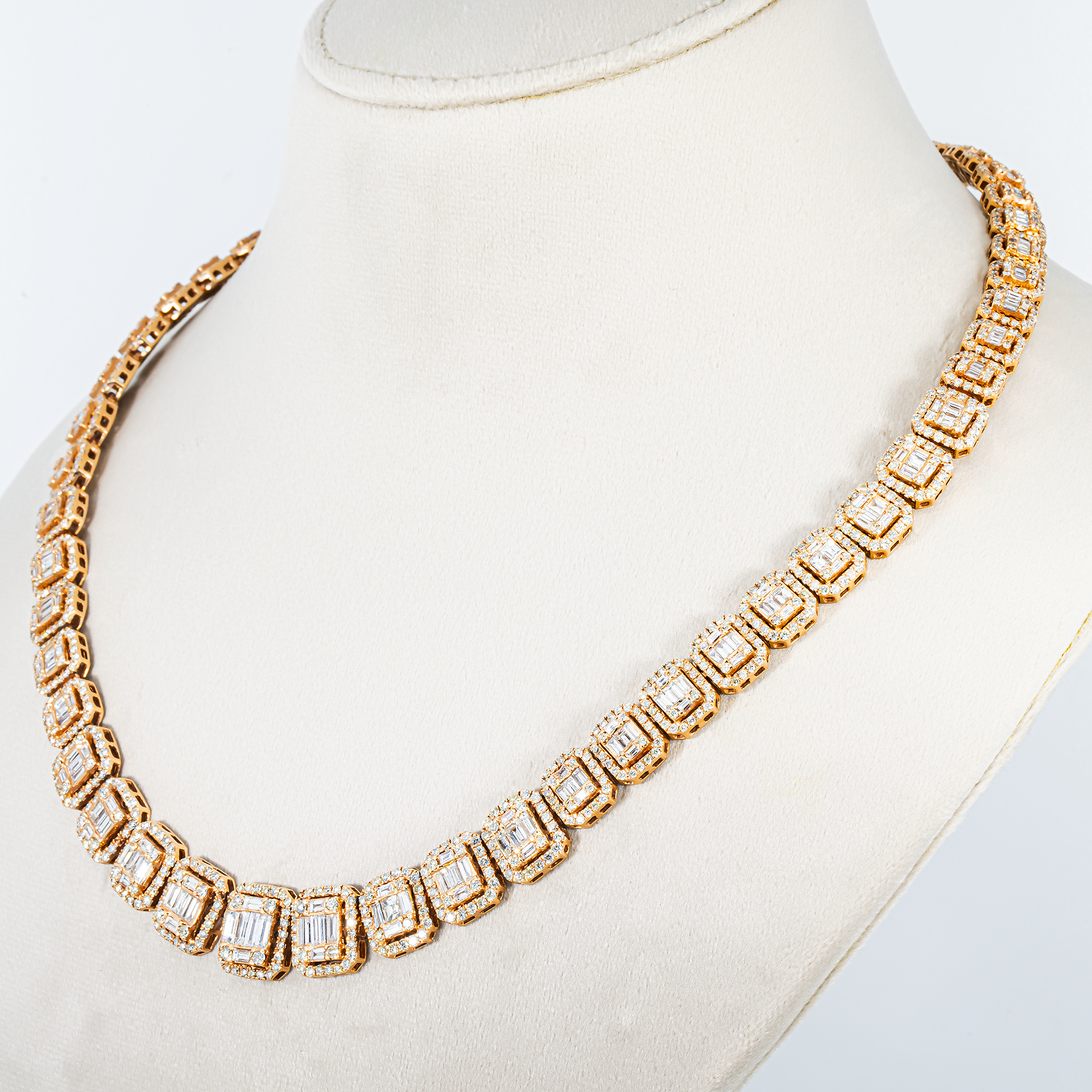 14K Rose Gold Graduated Round & Baguette Cut Diamond Tennis Chain 23.96ct