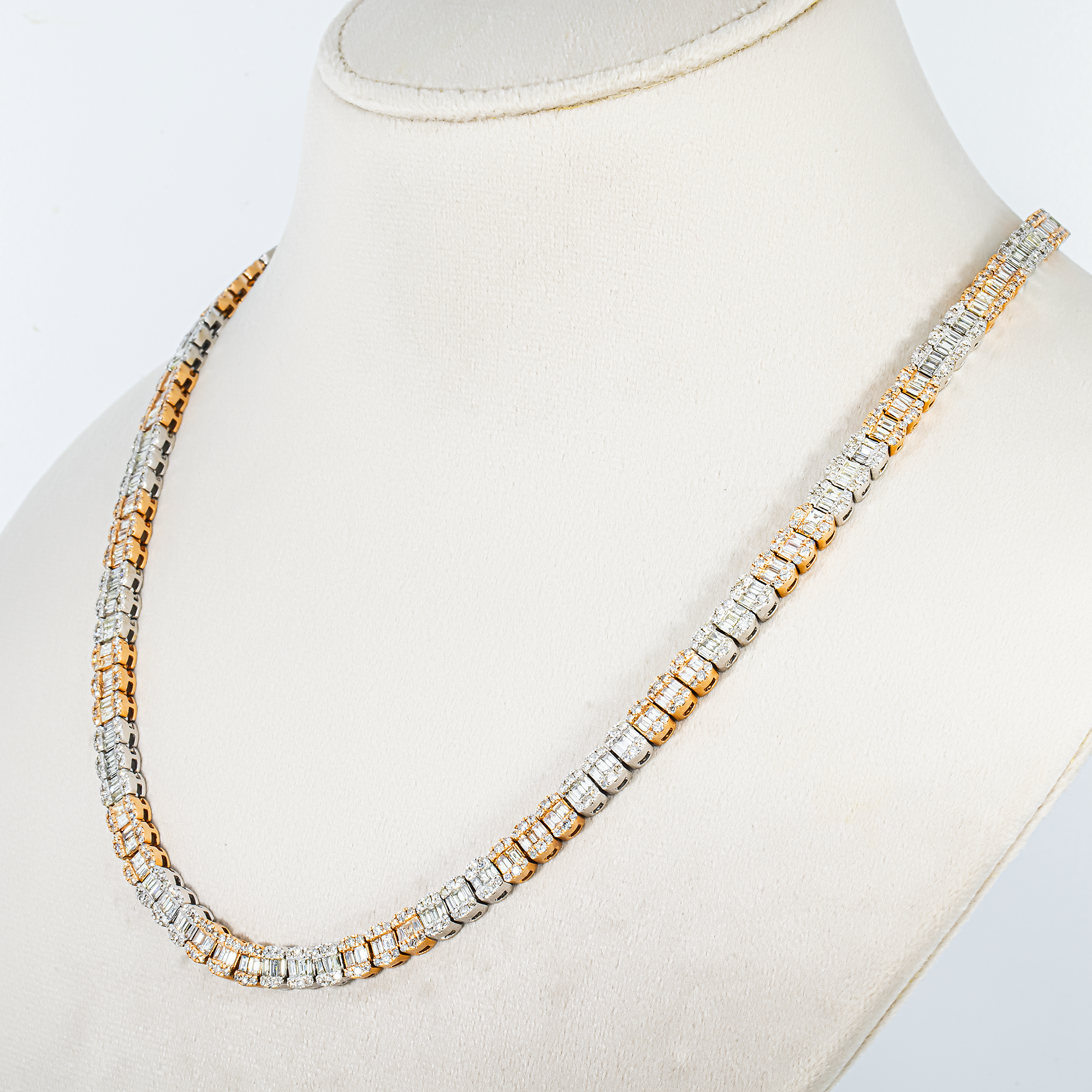 14K Two Tone Round & Baguette Cut Diamond Tennis Chain 19.83ct