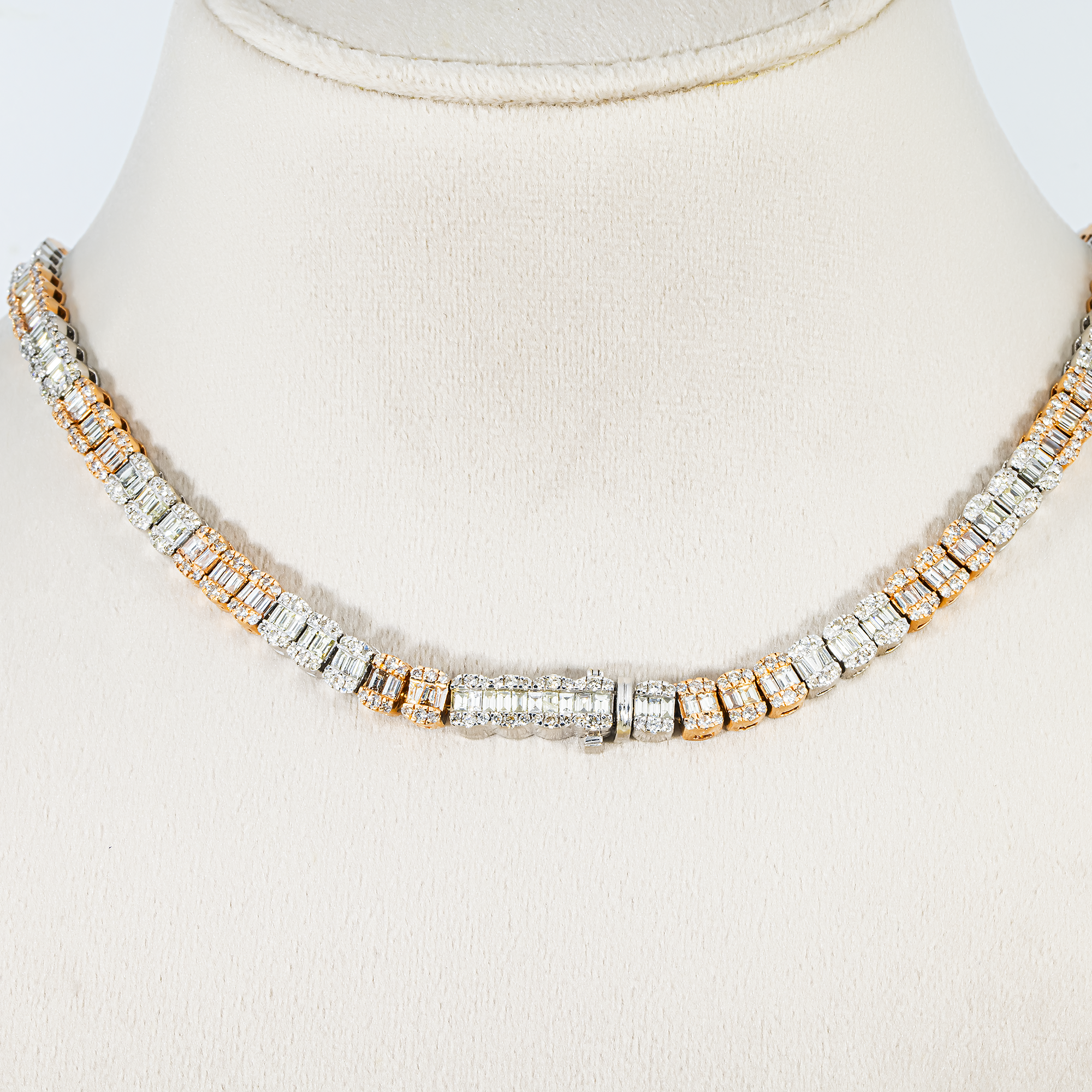 14K Two Tone Round & Baguette Cut Diamond Tennis Chain 19.83ct