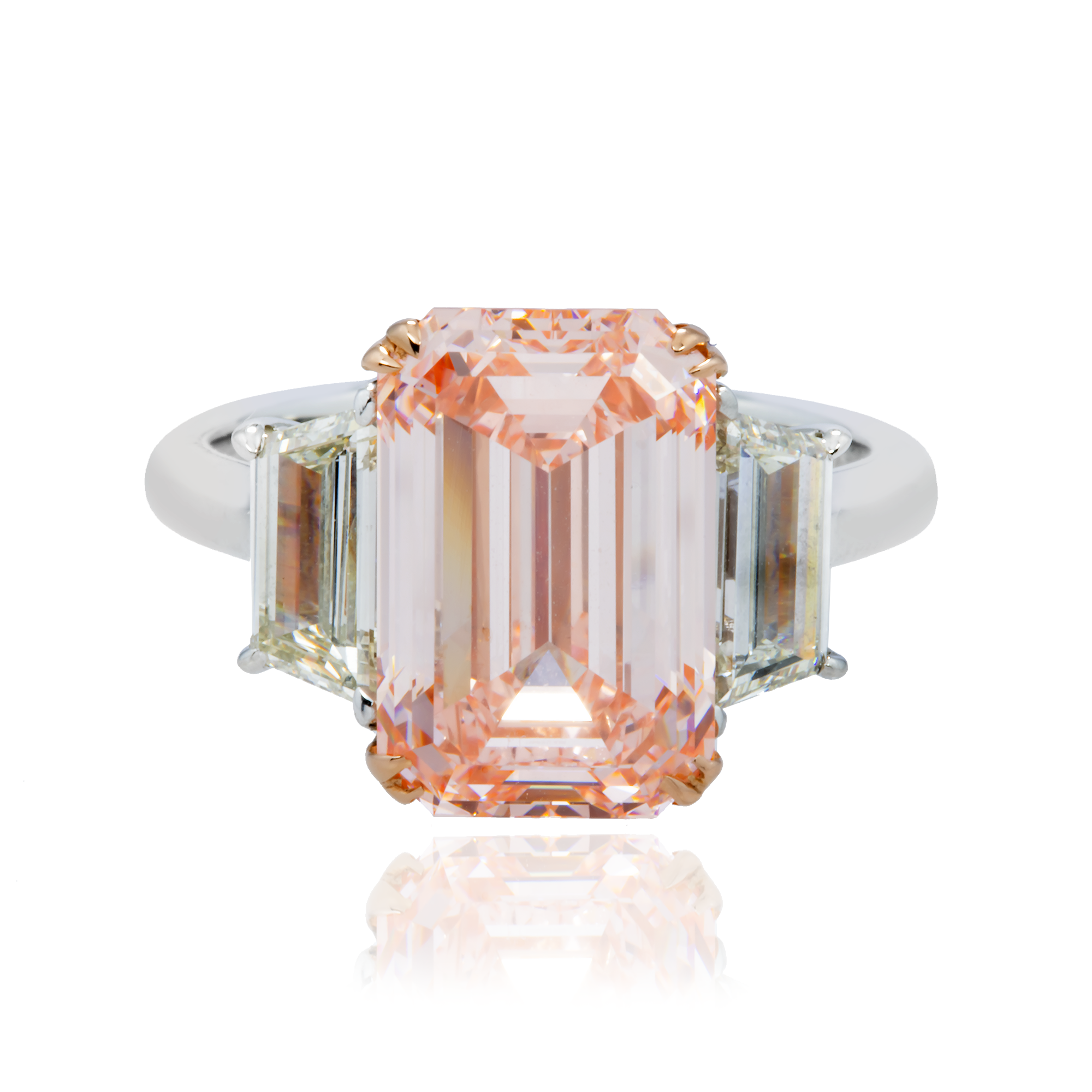 GIA Platinum 5.76ct Emerald Cut Fancy Pink Triple Diamond Ring 6.93ctw