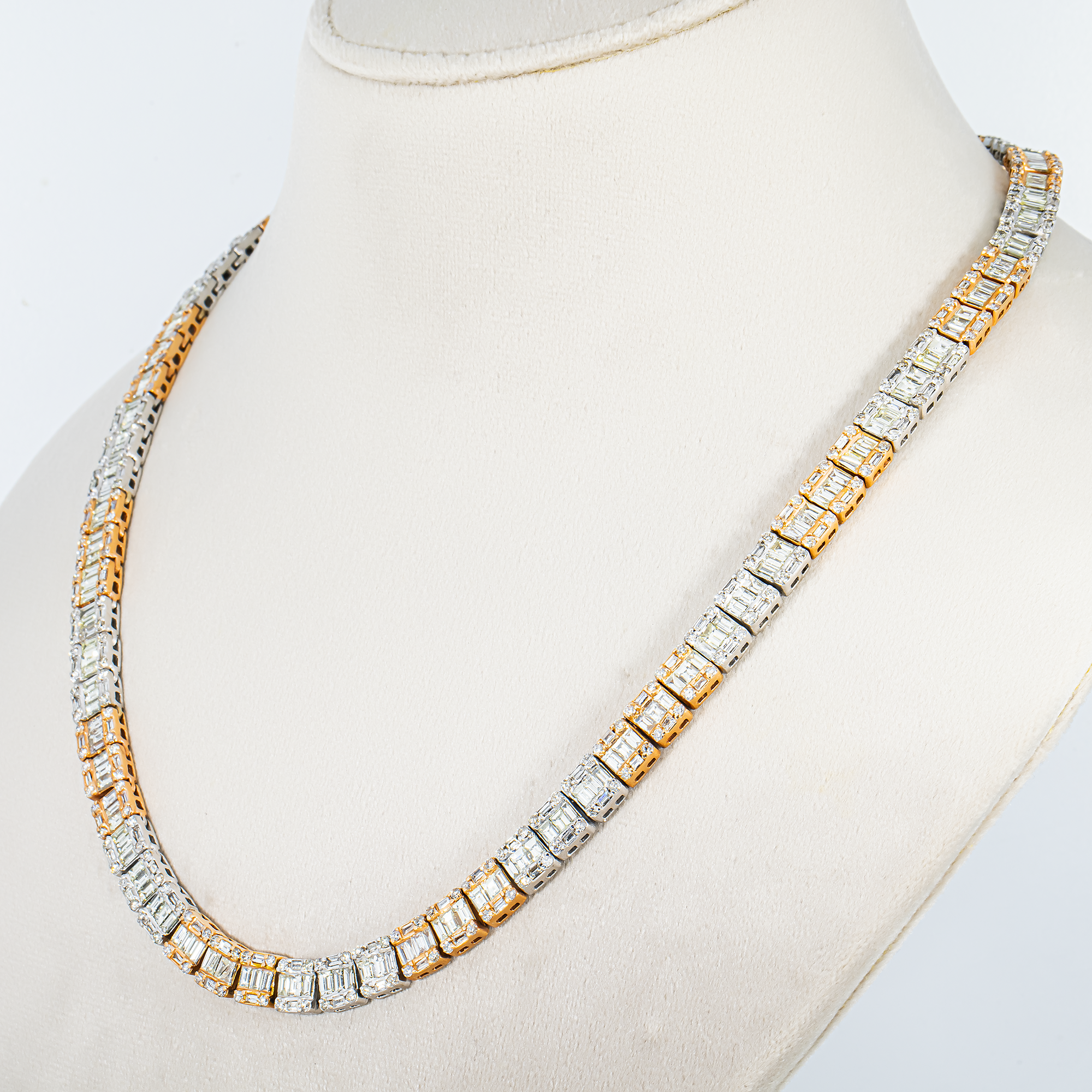 14K Two Tone Round & Baguette Cut Diamond Tennis Chain 29.52ct