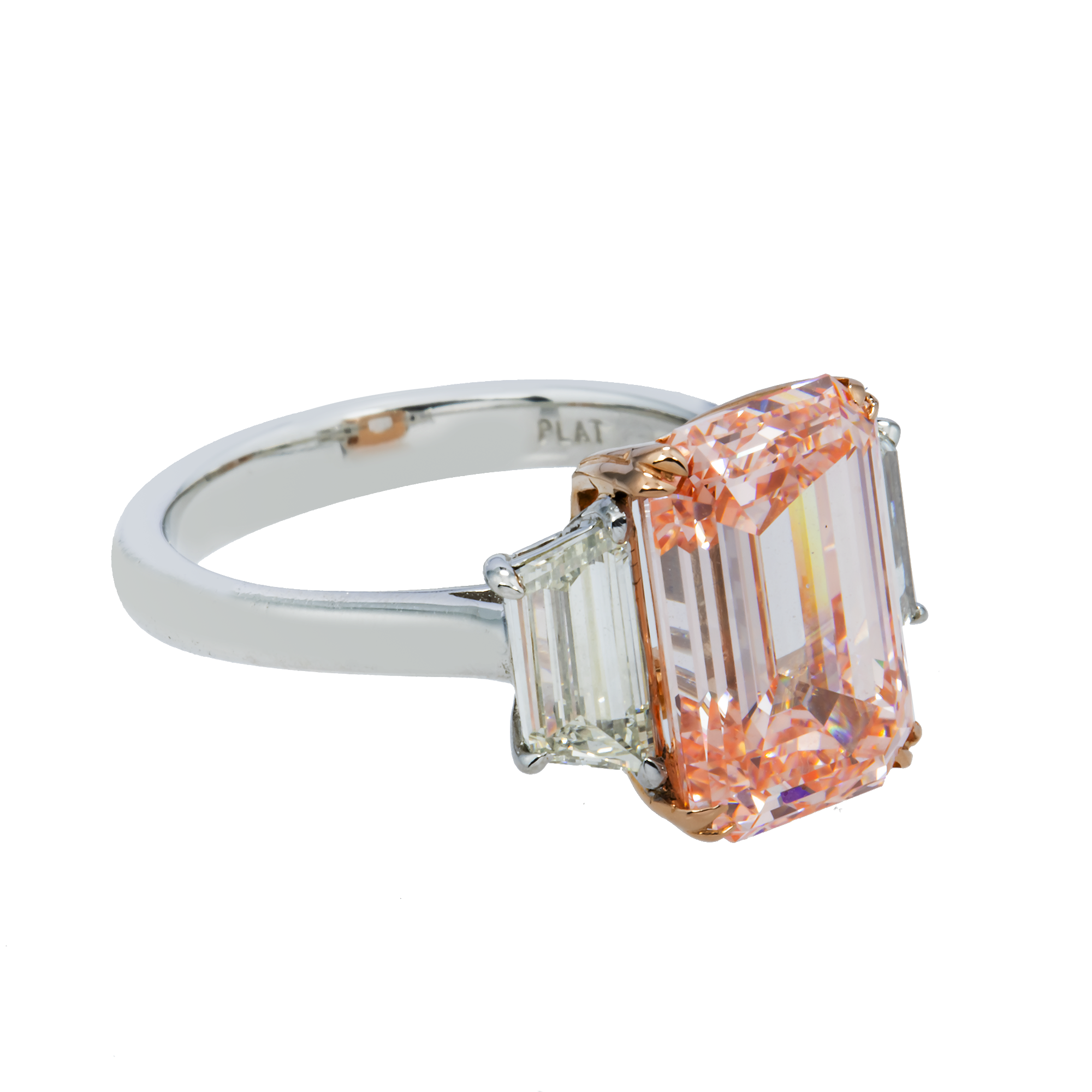 GIA Platinum 5.76ct Emerald Cut Fancy Pink Triple Diamond Ring 6.93ctw