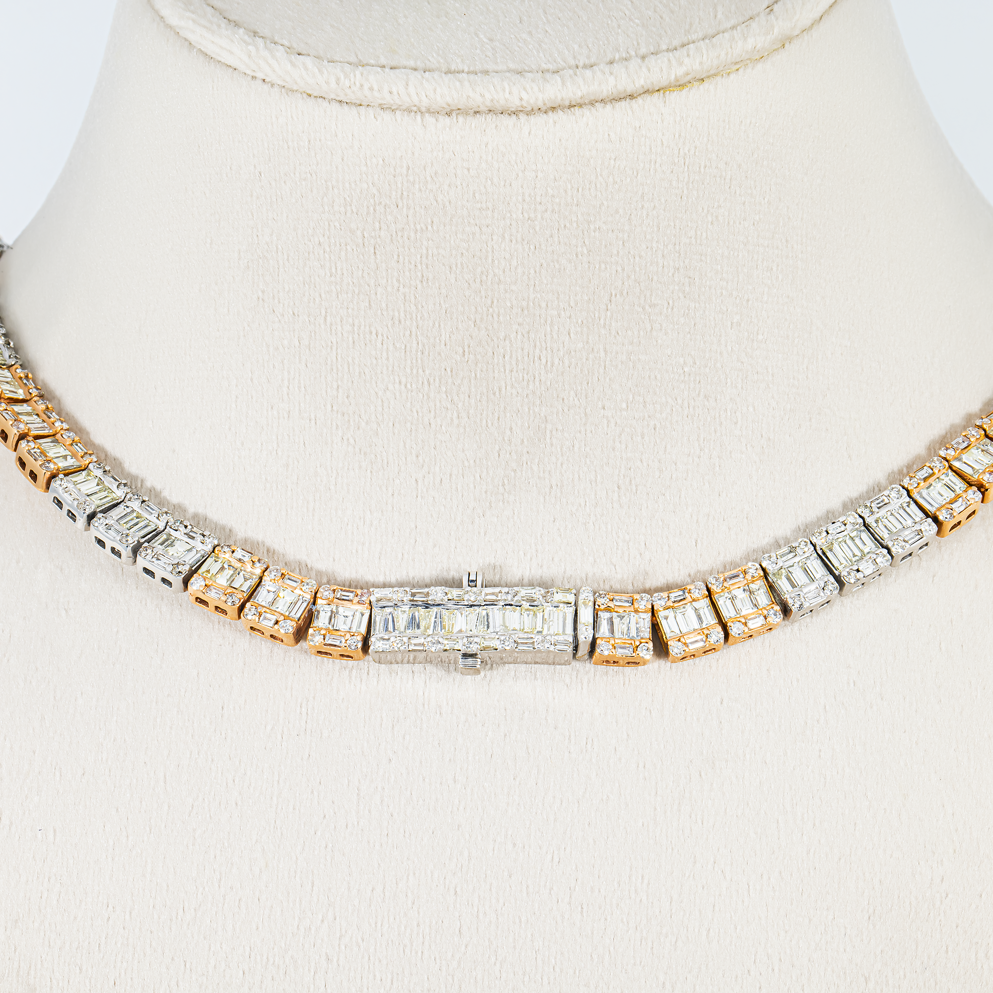14K Two Tone Round & Baguette Cut Diamond Tennis Chain 29.52ct