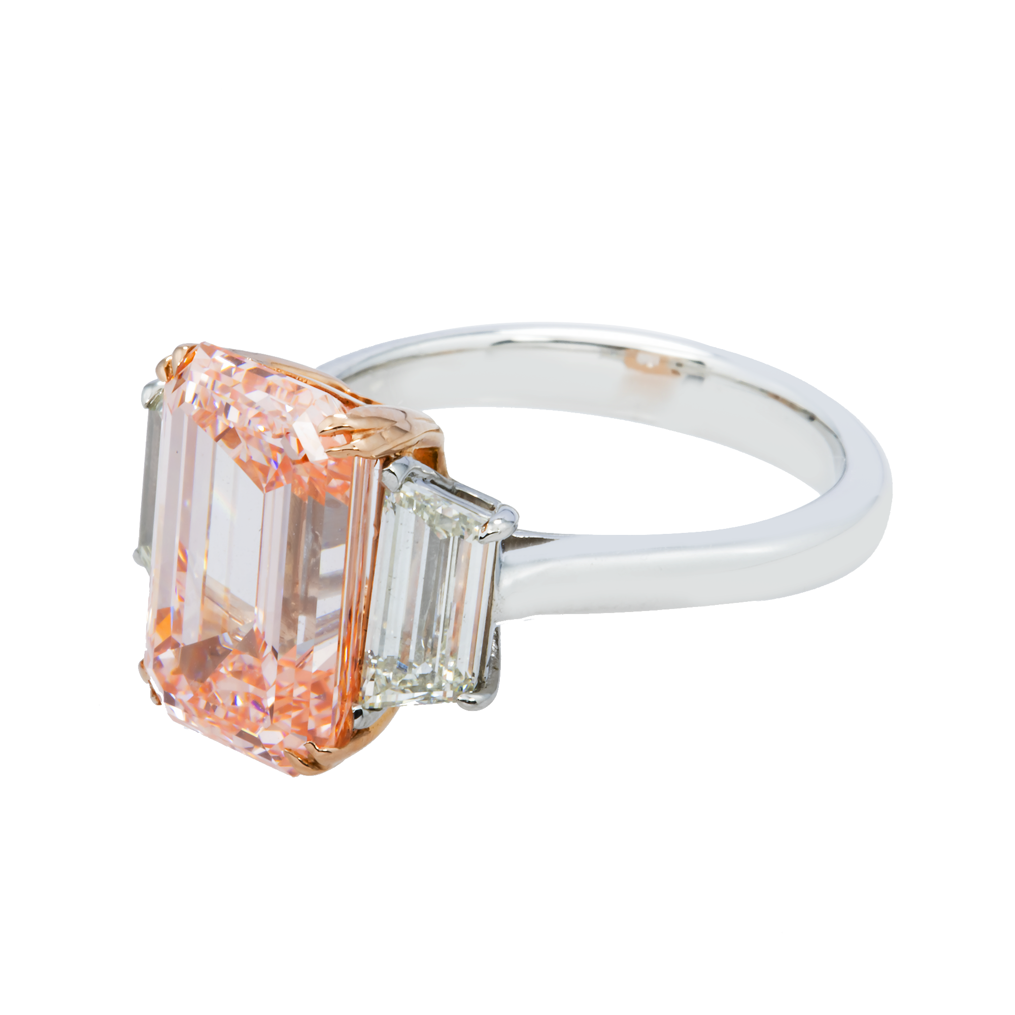 GIA Platinum 5.76ct Emerald Cut Fancy Pink Triple Diamond Ring 6.93ctw