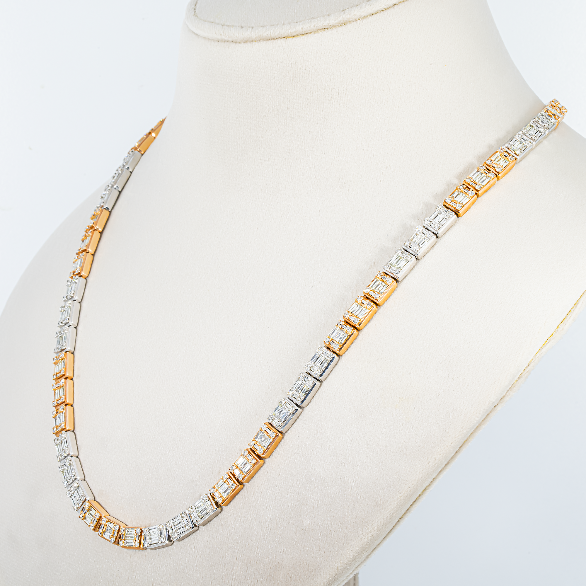 14K Two Tone Round & Baguette Cut Diamond Tennis Chain 17.85ct