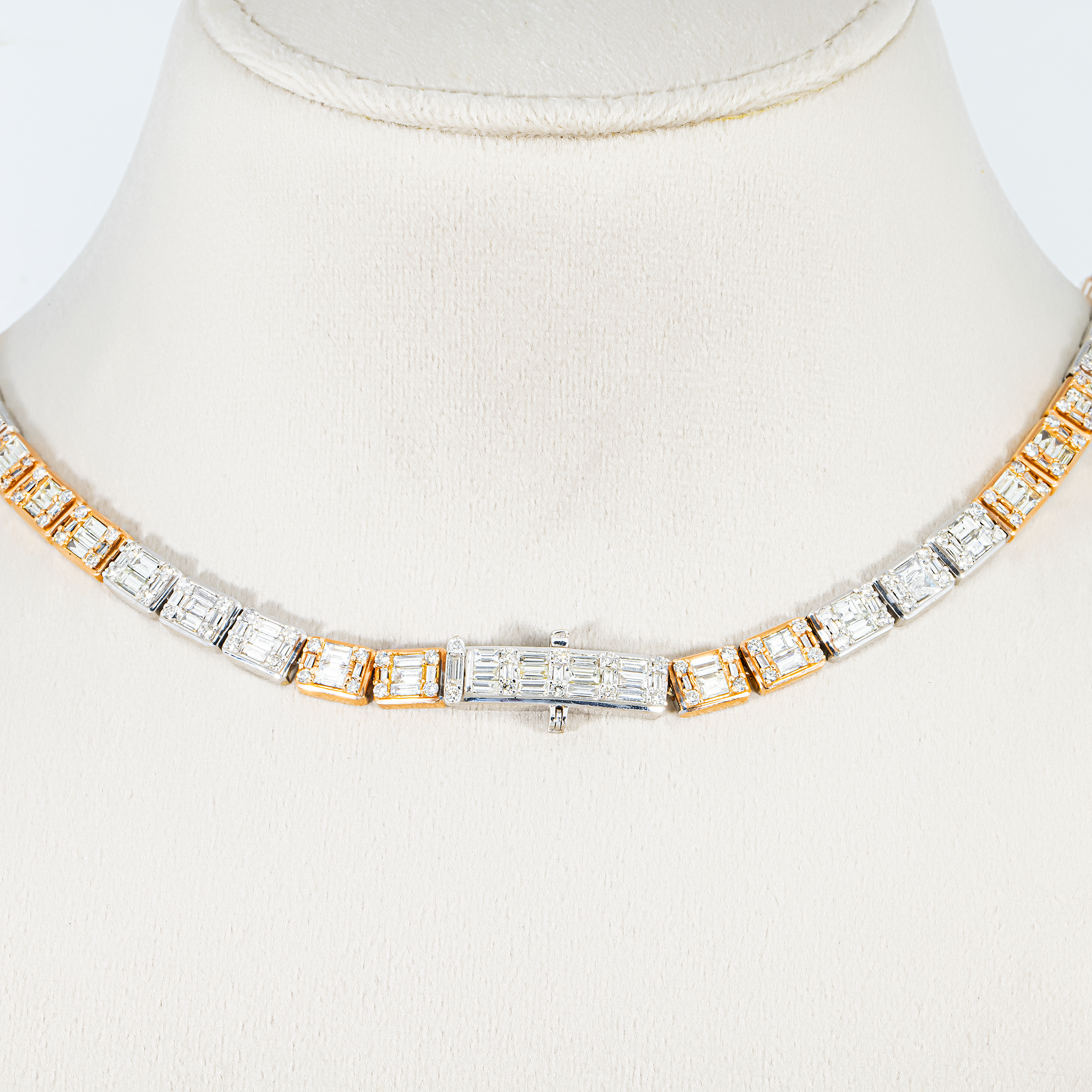 14K Two Tone Round & Baguette Cut Diamond Tennis Chain 17.85ct