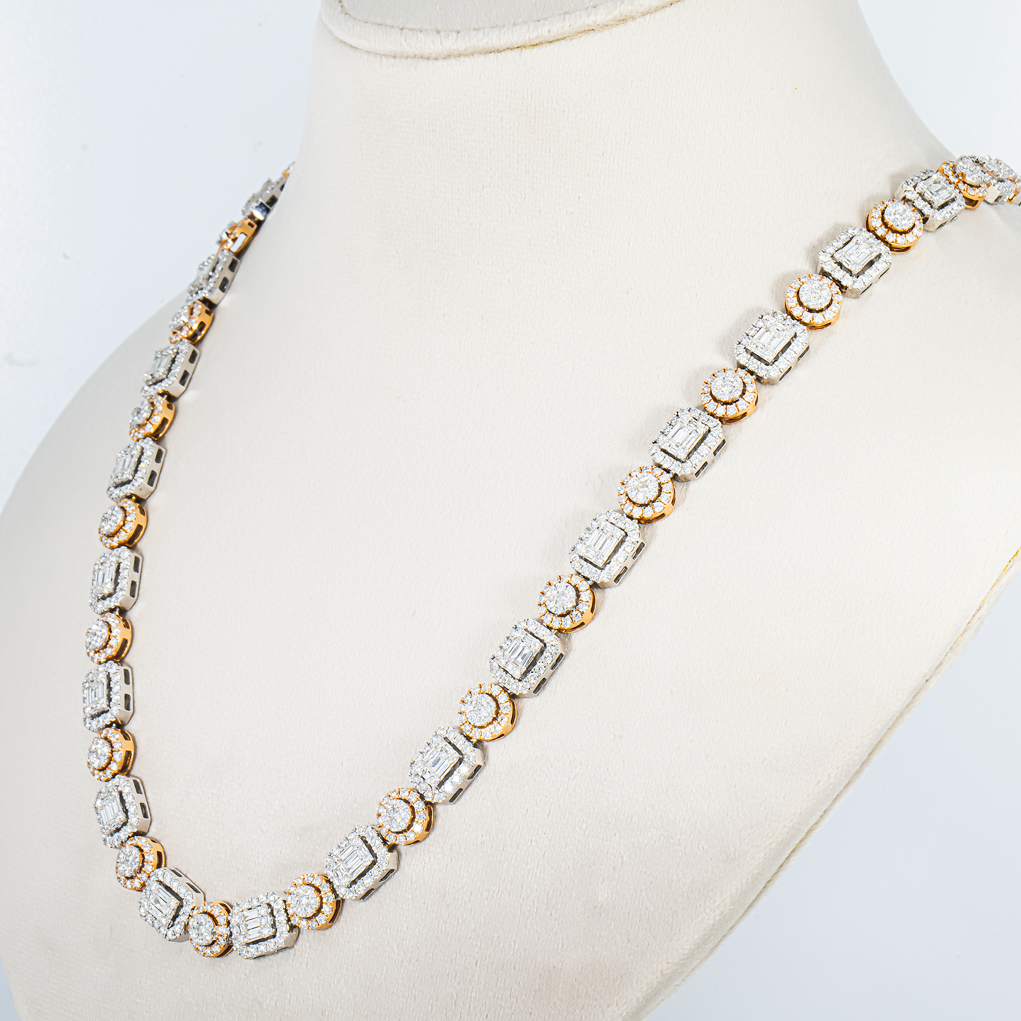 14K Two Tone Round & Baguette Cut Diamond Tennis Chain 22.12ct