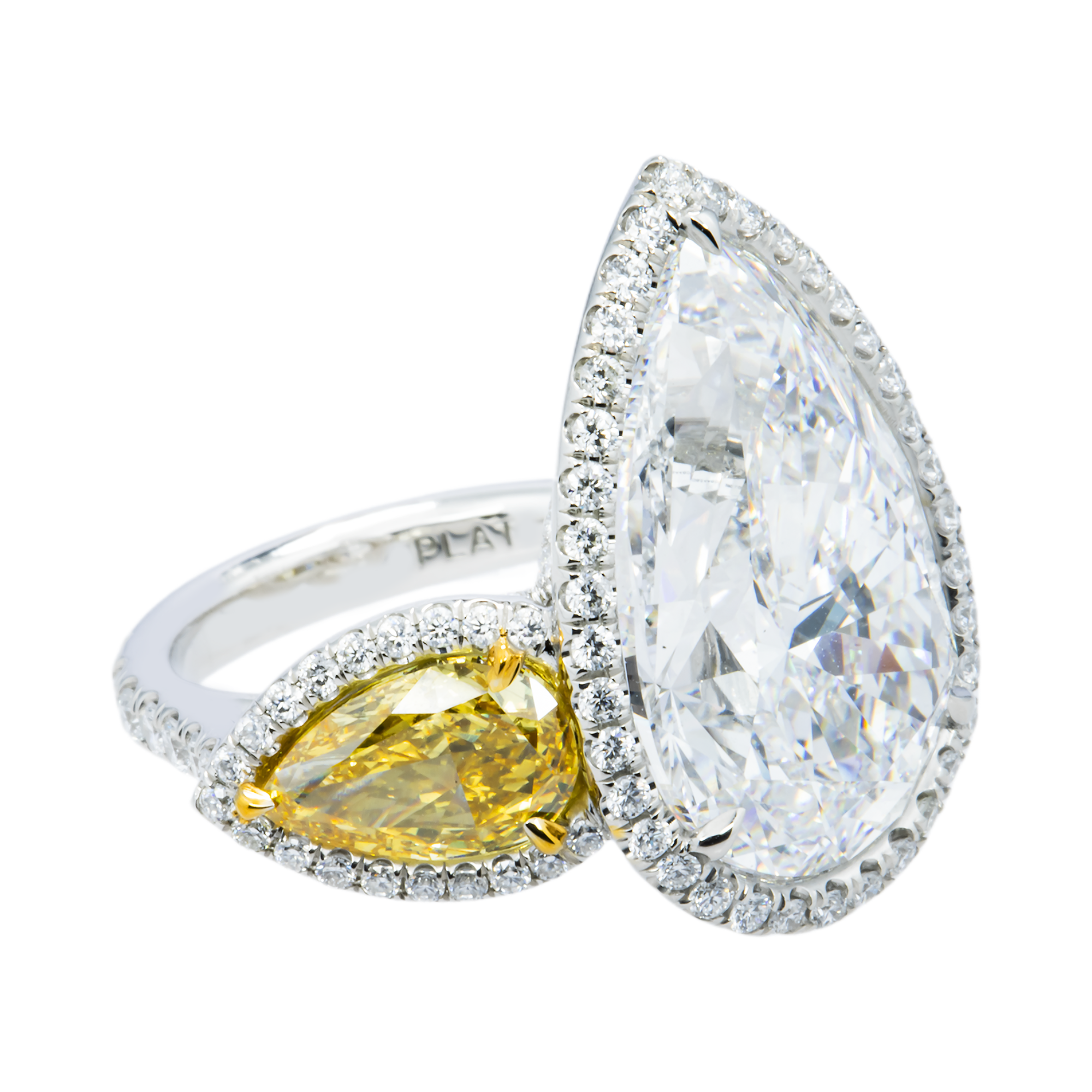 Platinum Triple Pear Cut White & Fancy Yellow Diamond Ring 19.57ctw