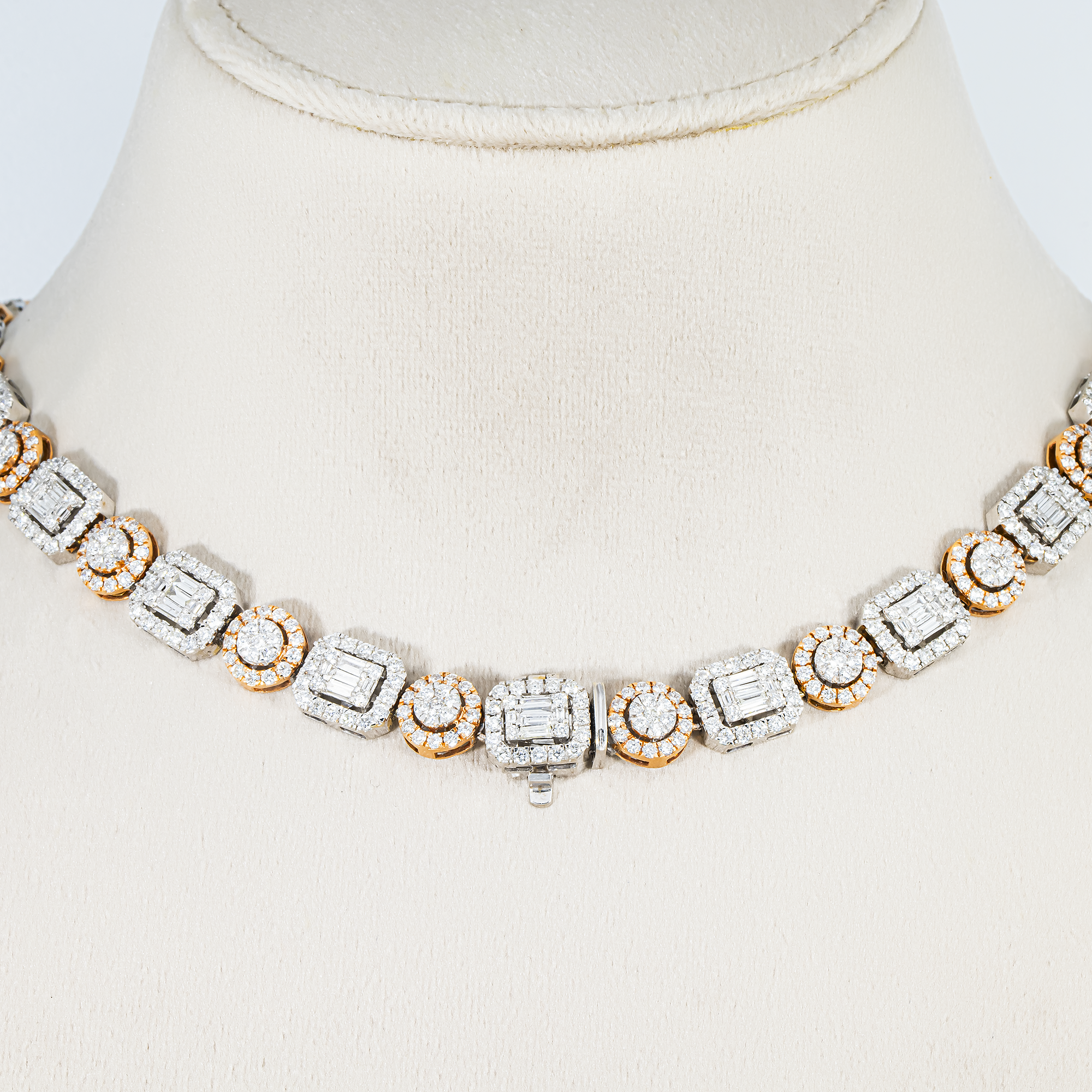 14K Two Tone Round & Baguette Cut Diamond Tennis Chain 22.12ct