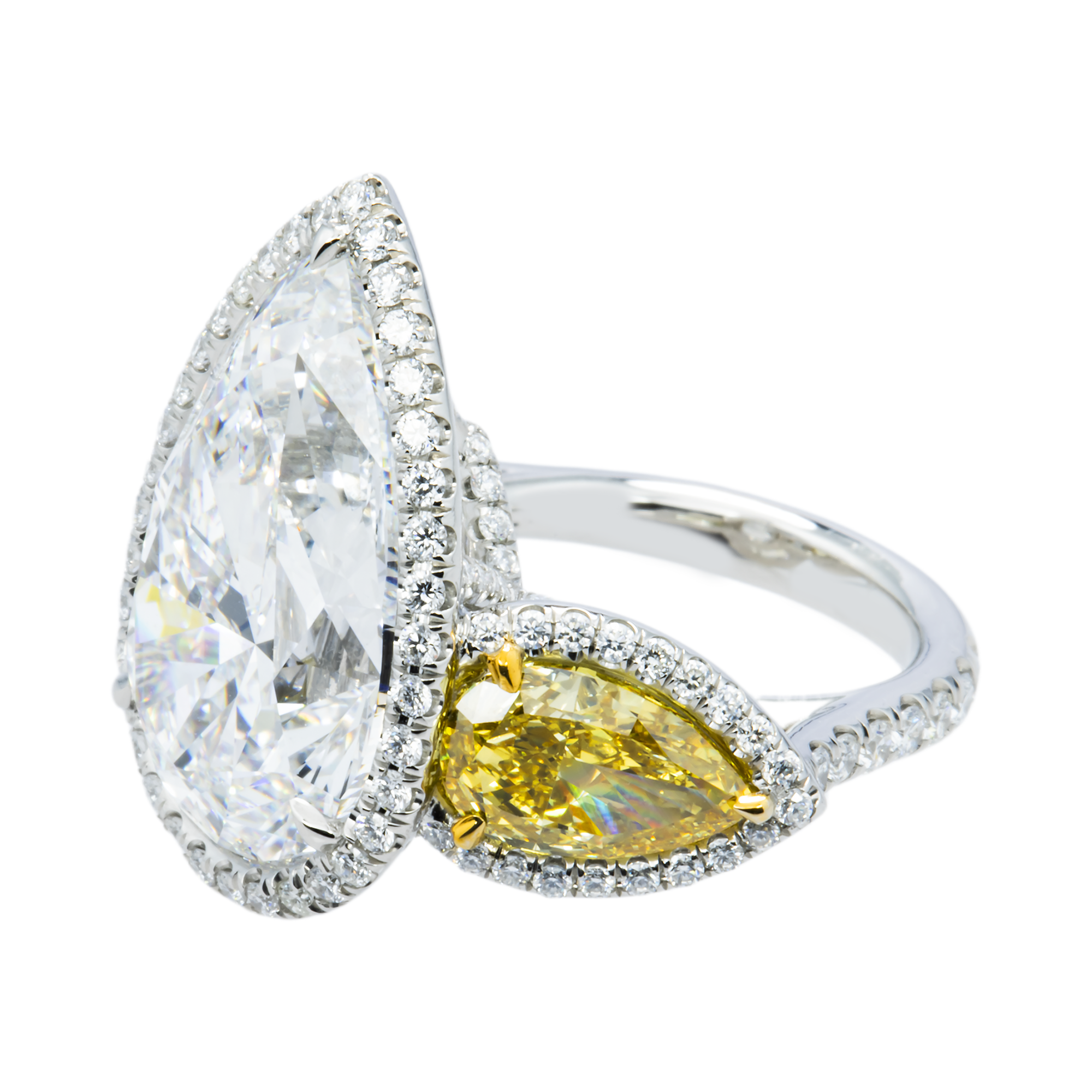 Platinum Triple Pear Cut White & Fancy Yellow Diamond Ring 19.57ctw