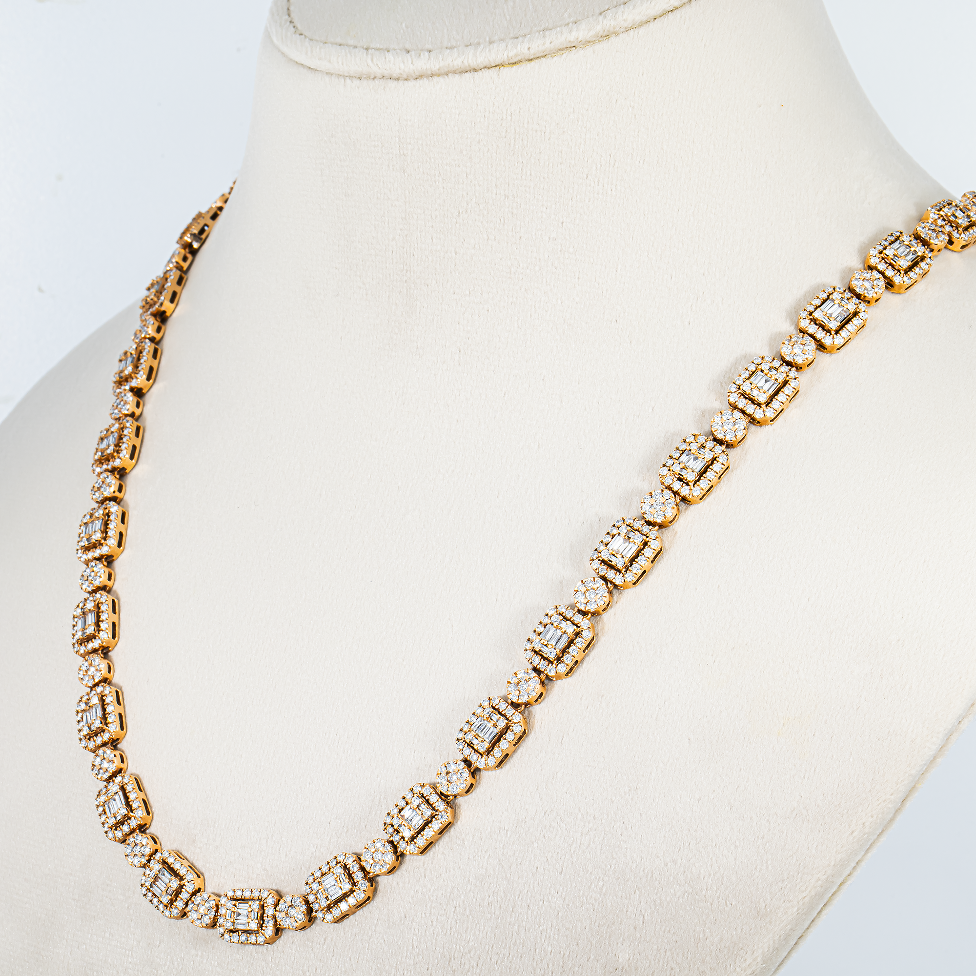 14K Rose Gold Round & Baguette Cut Diamond Tennis Chain 14.99ct