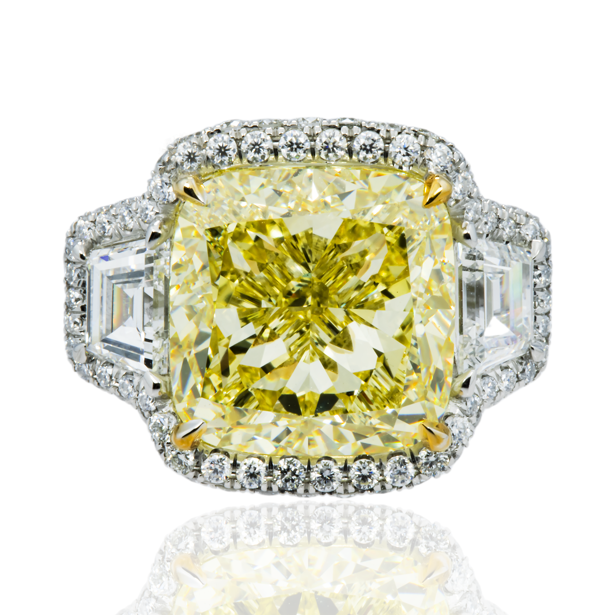 IGI Platinum 12.45ct Cushion Cut Fancy Yellow Diamond Ring 15.44ctw
