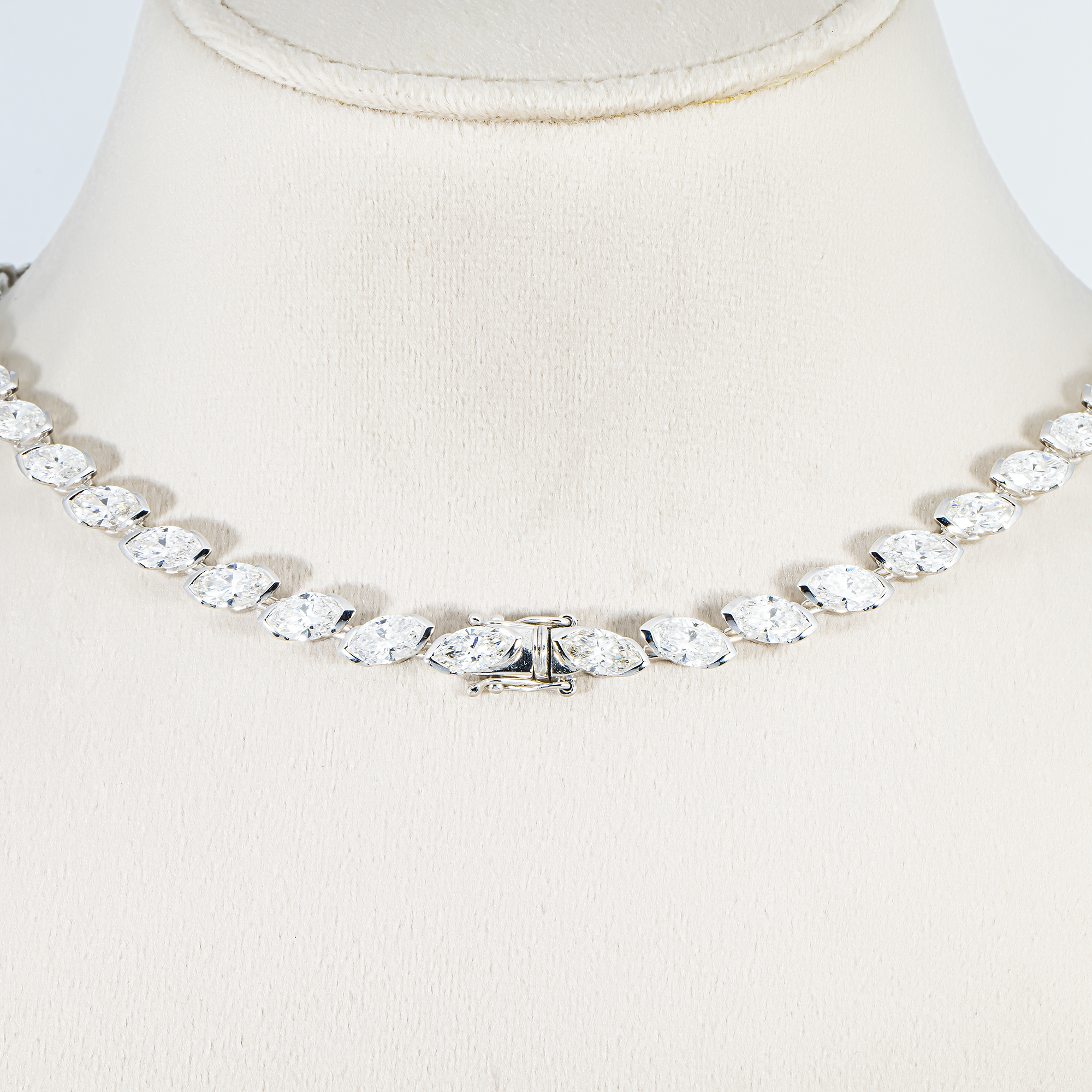 14K White Gold Bezel Set Marquise Cut Satellite Necklace 43.84ct