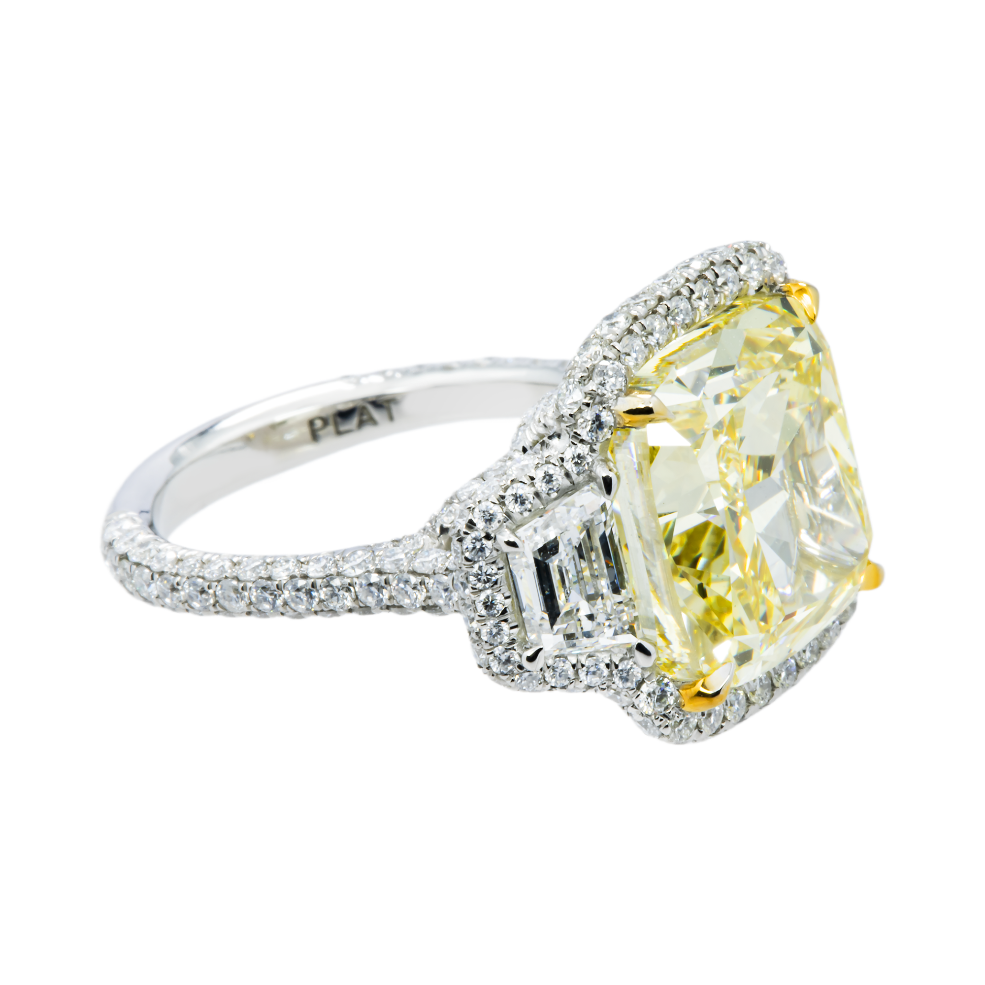 IGI Platinum 12.45ct Cushion Cut Fancy Yellow Diamond Ring 15.44ctw