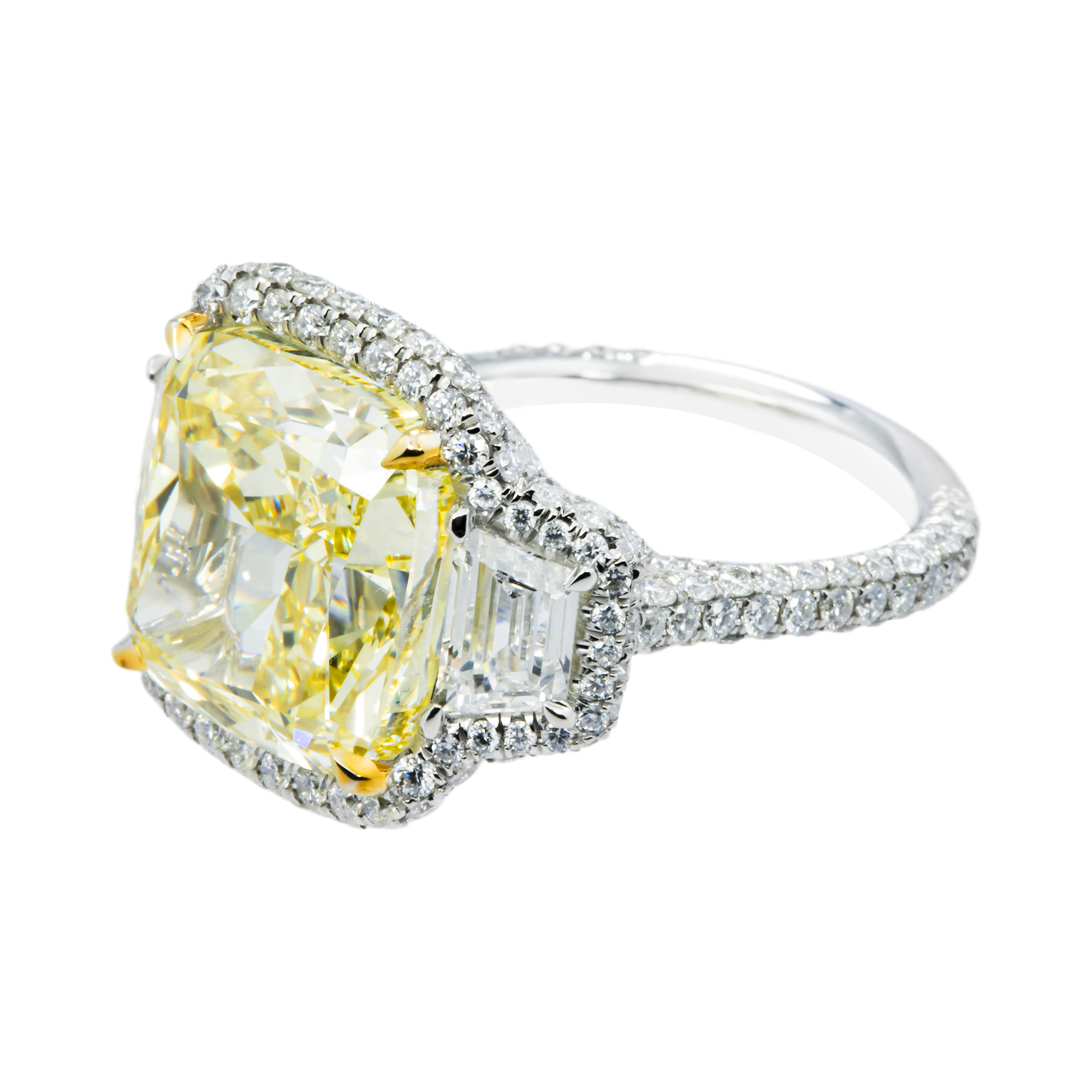 IGI Platinum 12.45ct Cushion Cut Fancy Yellow Diamond Ring 15.44ctw