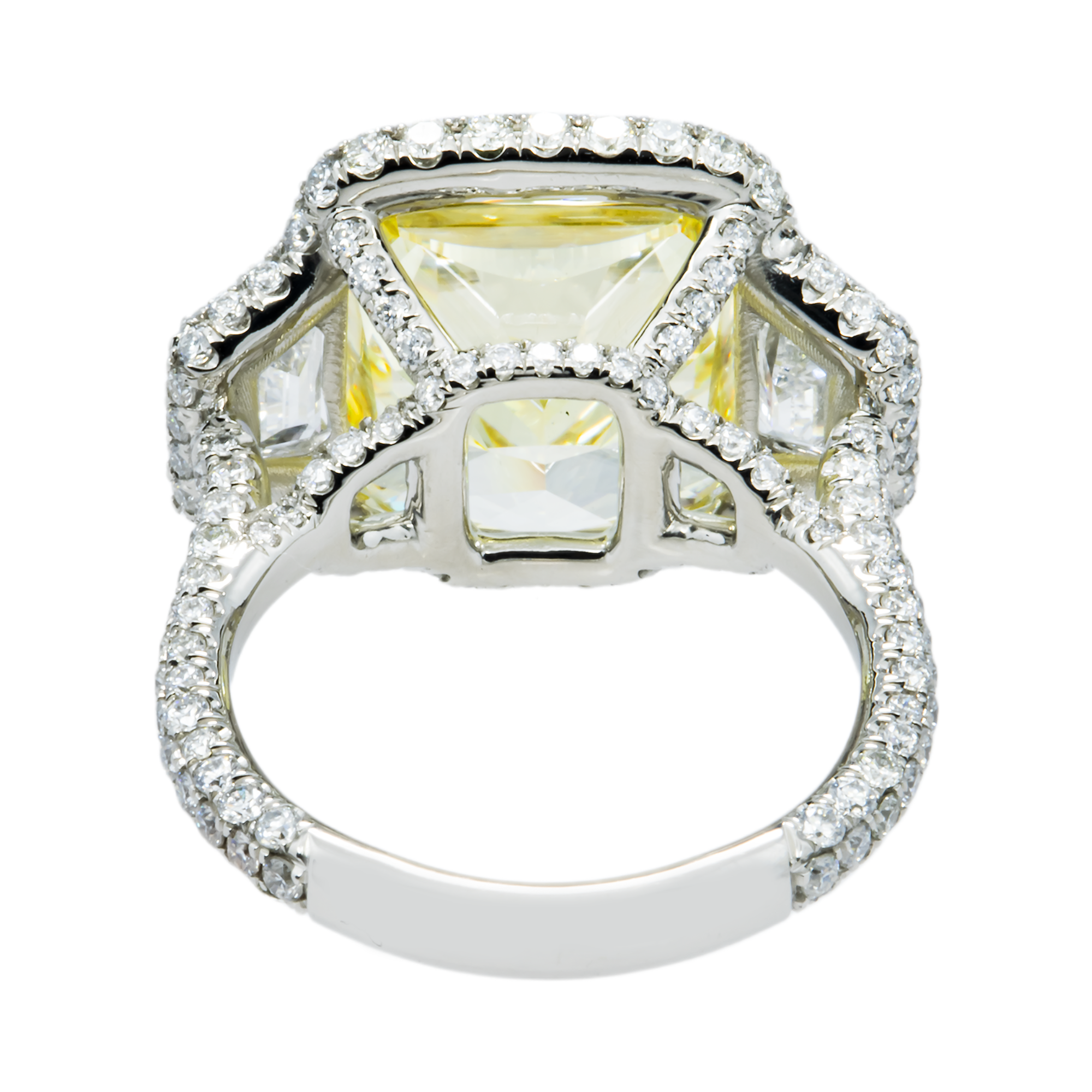 IGI Platinum 12.45ct Cushion Cut Fancy Yellow Diamond Ring 15.44ctw
